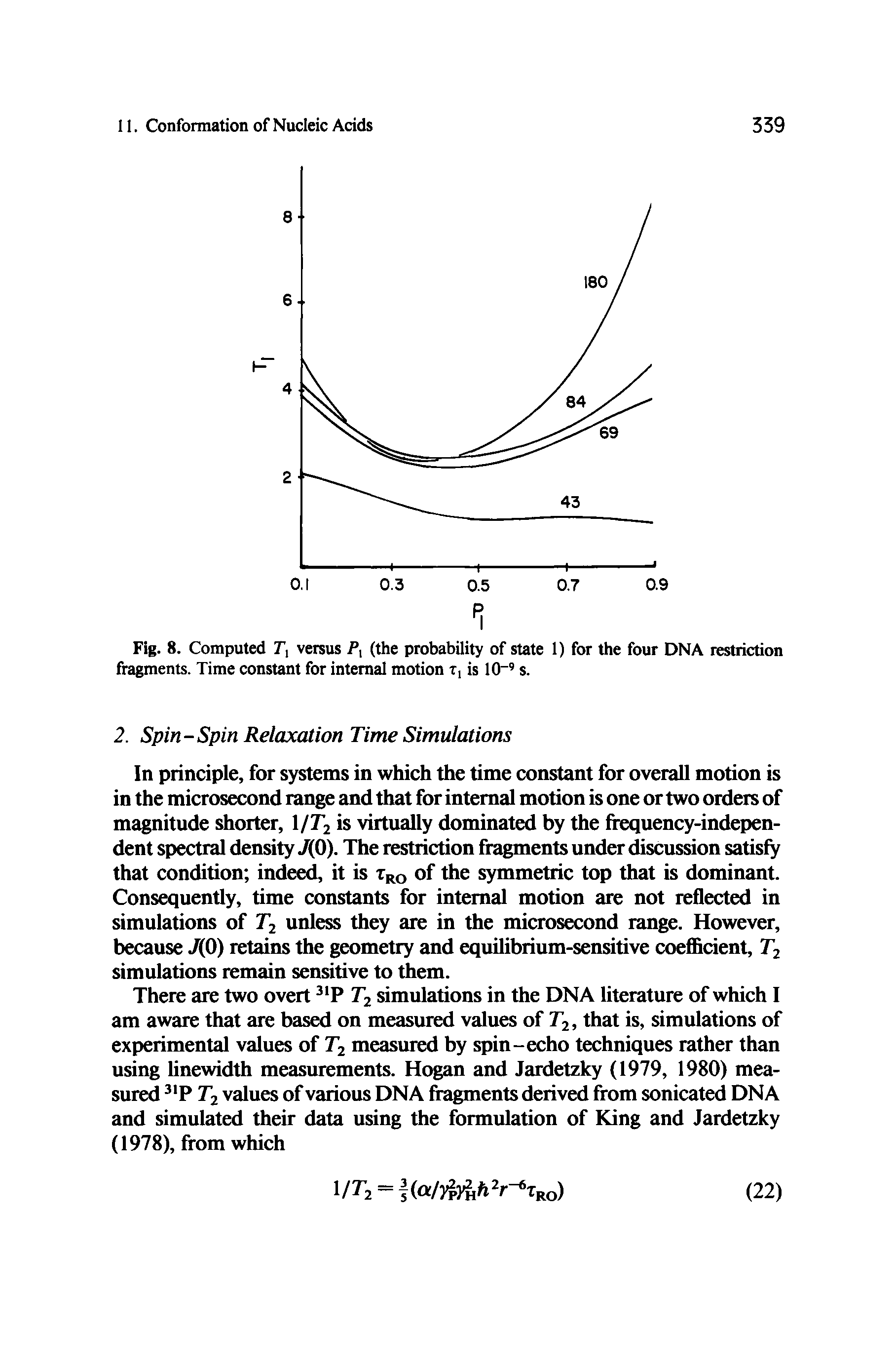 Fig. 8. Computed T, versus P, (the probability of state 1) for the four DNA restriction fragments. Time constant for internal motion r, is 10 s.