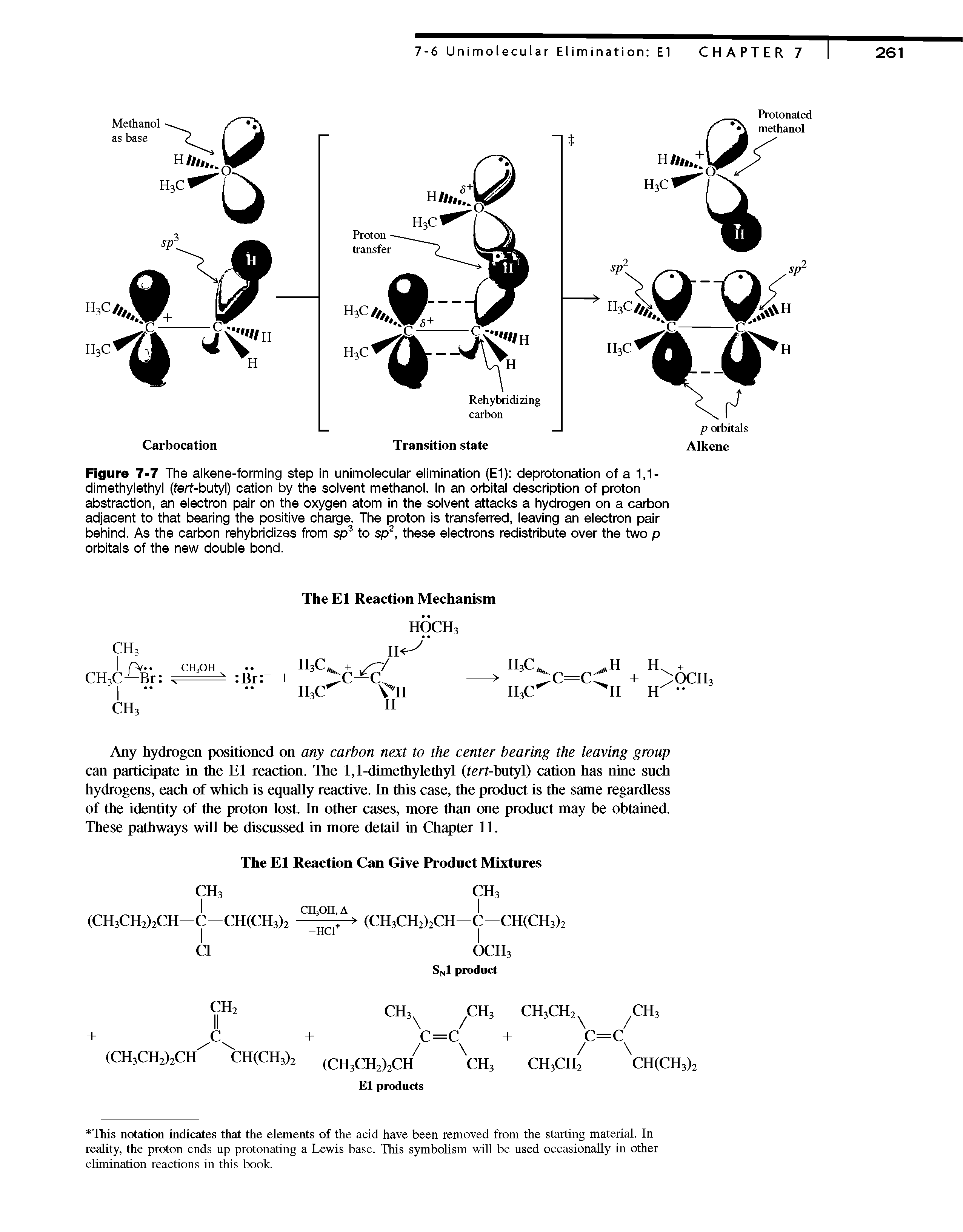 Figure 7-7 The alkene-forming step in unimolecular elimination (El) deprotonation of a 1,1-dimethylethyl (fert-butyl) cation by the solvent methanol. In an orbital description of proton abstraction, an eiectron pair on the oxygen atom in the solvent attacks a hydrogen on a carbon adjacent to that bearing the positive charge. The proton is transferred, leaving an electron pair behind. As the carbon rehybridizes from sp to sp, these electrons redistribute over the two p orbitals of the new double bond.