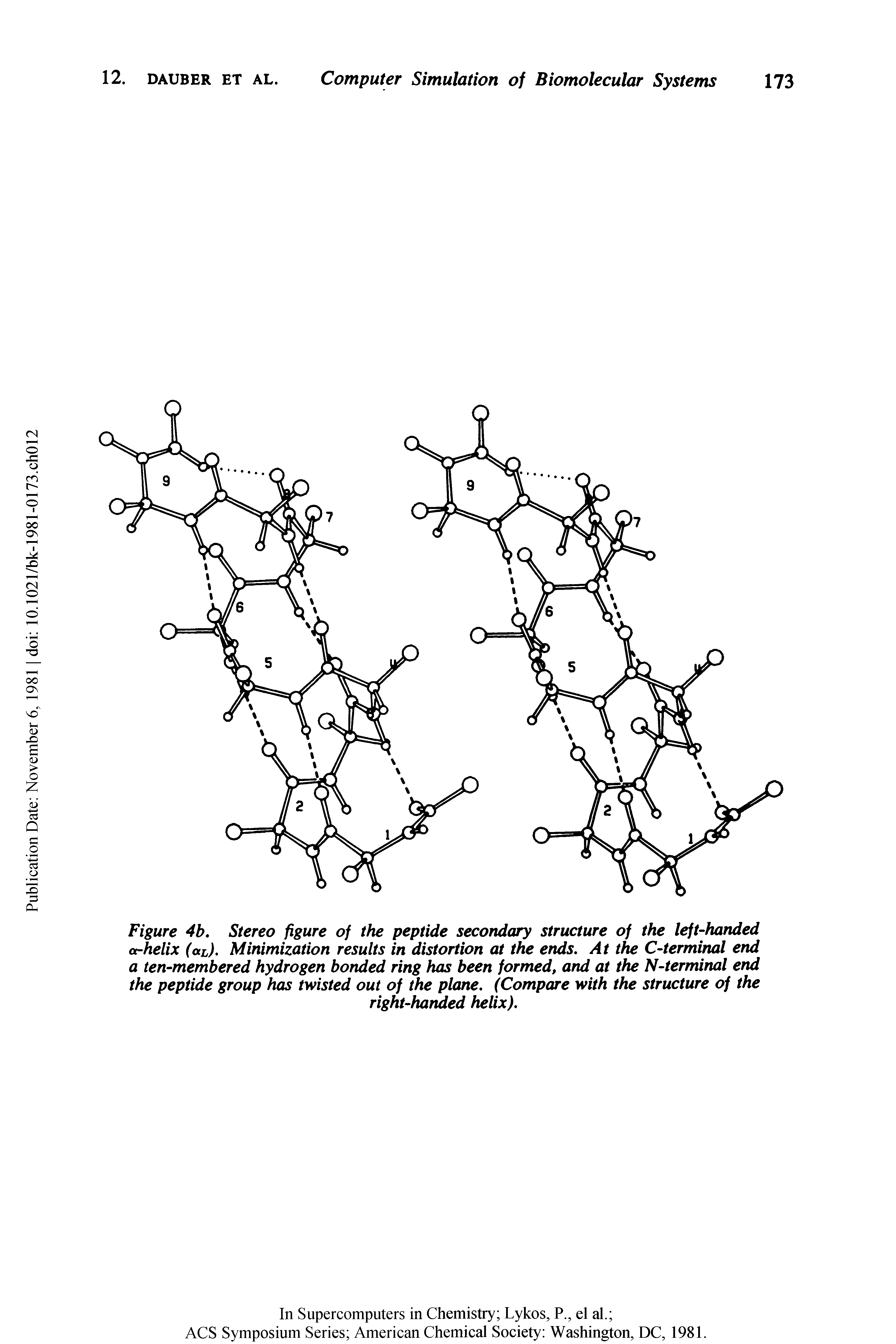 Figure 4b. Stereo figure of the peptide secondary structure of the left-handed arhelix (aL). Minimization results in distortion at the ends. At the C-terminal end a ten-membered hydrogen bonded ring has been formed, and at the N-terminal end the peptide group has twisted out of the plane. (Compare with the structure of the...