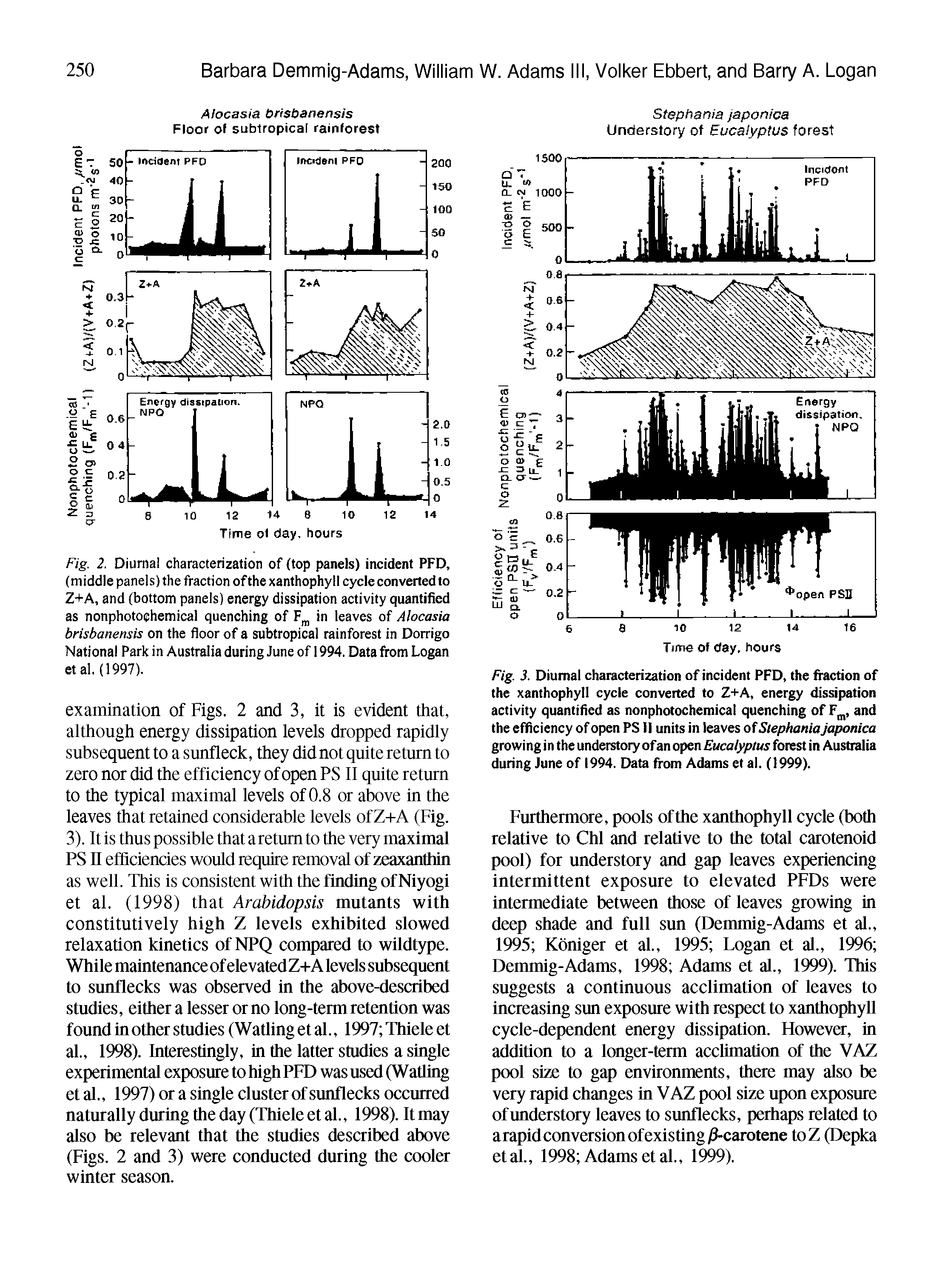Fig. 2. Diurnal characterization of (top panels) incident PFD, (middle panels) the fraction ofthe xanthophyll cycle converted to Z+A, and (bottom panels) energy dissipation activity quantified as nonphotochemical quenching of F , in leaves of Alocasia brisbanensis on the floor of a subtropical rainforest in Dorrigo National Park in Australia during June of 1994. Data from Logan etal. (1997).