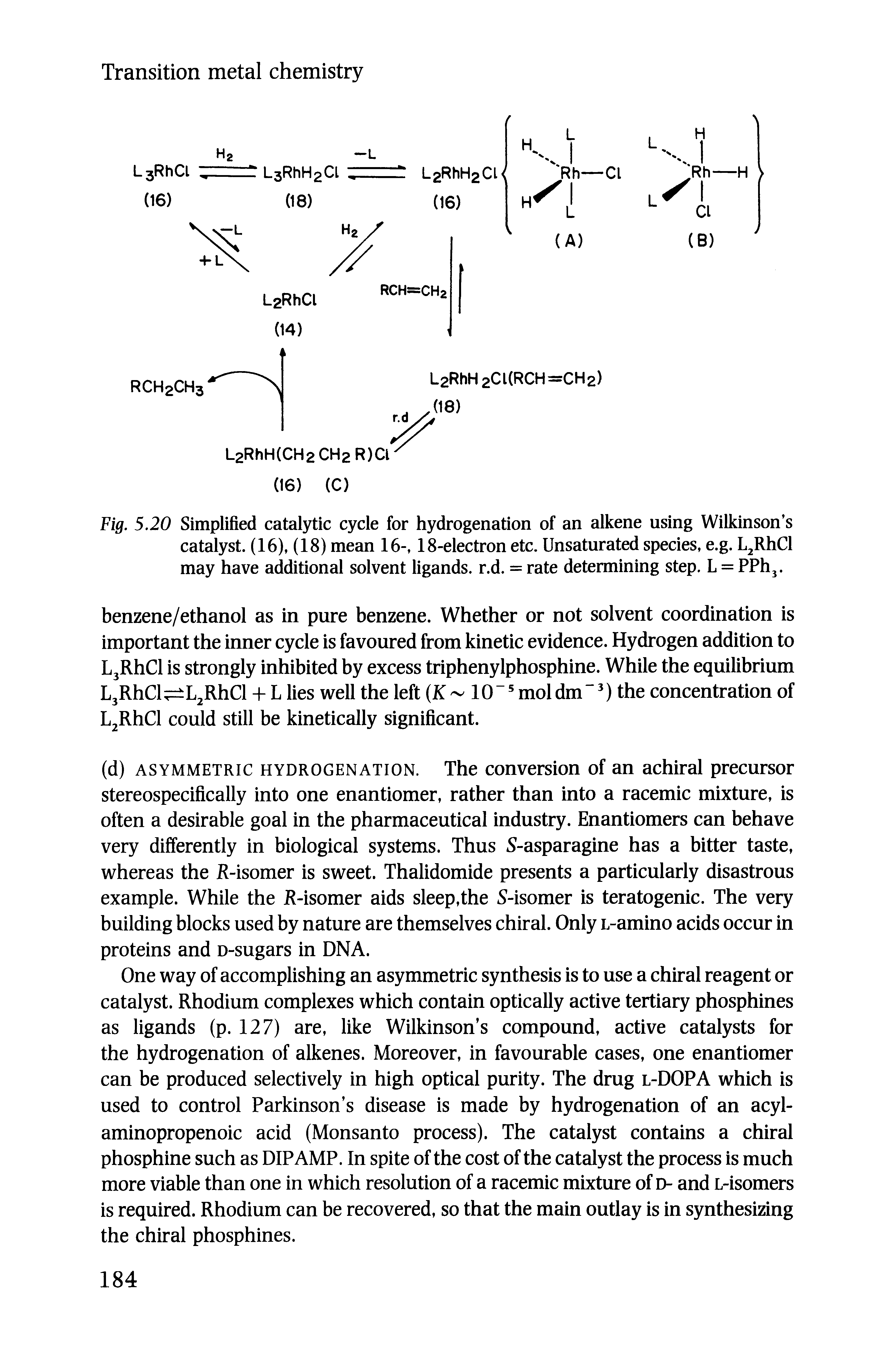Fig. 5.20 Simplified catalytic cycle for hydrogenation of an alkene using Wilkinson s catalyst. (16), (18) mean 16-, 18-electron etc. Unsaturated species, e.g. L RhCl may have additional solvent ligands, r.d. = rate determining step. L = PPhj.