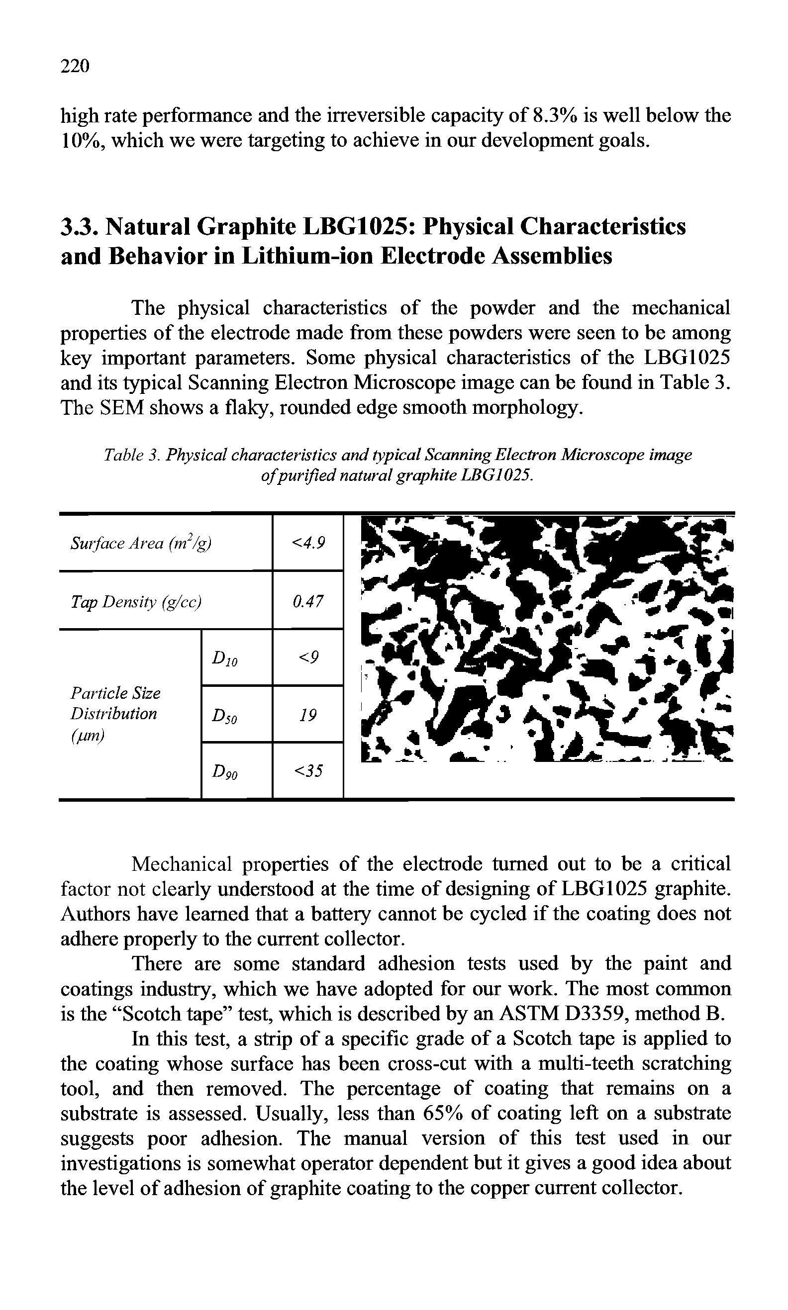 Table 3. Physical characteristics and typical Scanning Electron Microscope image of purified natural graphite LBG1025.