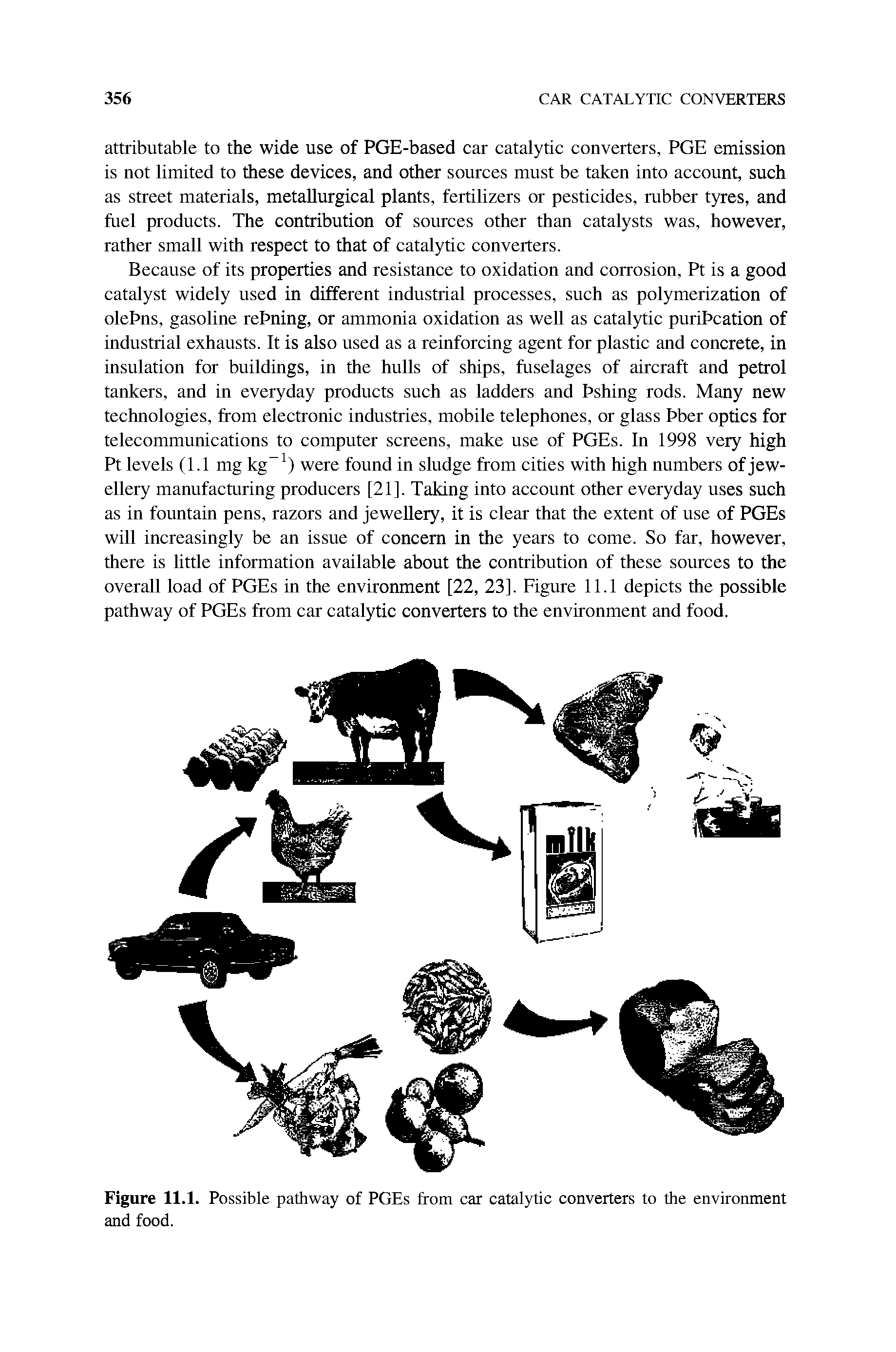 Figure 11.1. Possible pathway of PGEs from car catalytic converters to the environment and food.