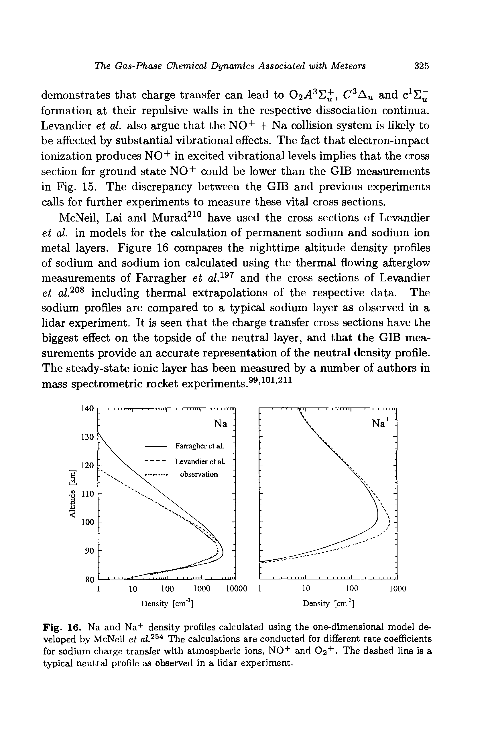 Fig. 16. Na and Na+ density profiles calculated using the one-dimensional model developed by McNeil et The calculations are conducted for different rate coefficients for sodium charge transfer with atmospheric ions, NO" " and O2. The dashed line is a typical neutral profile as observed in a lidar experiment.