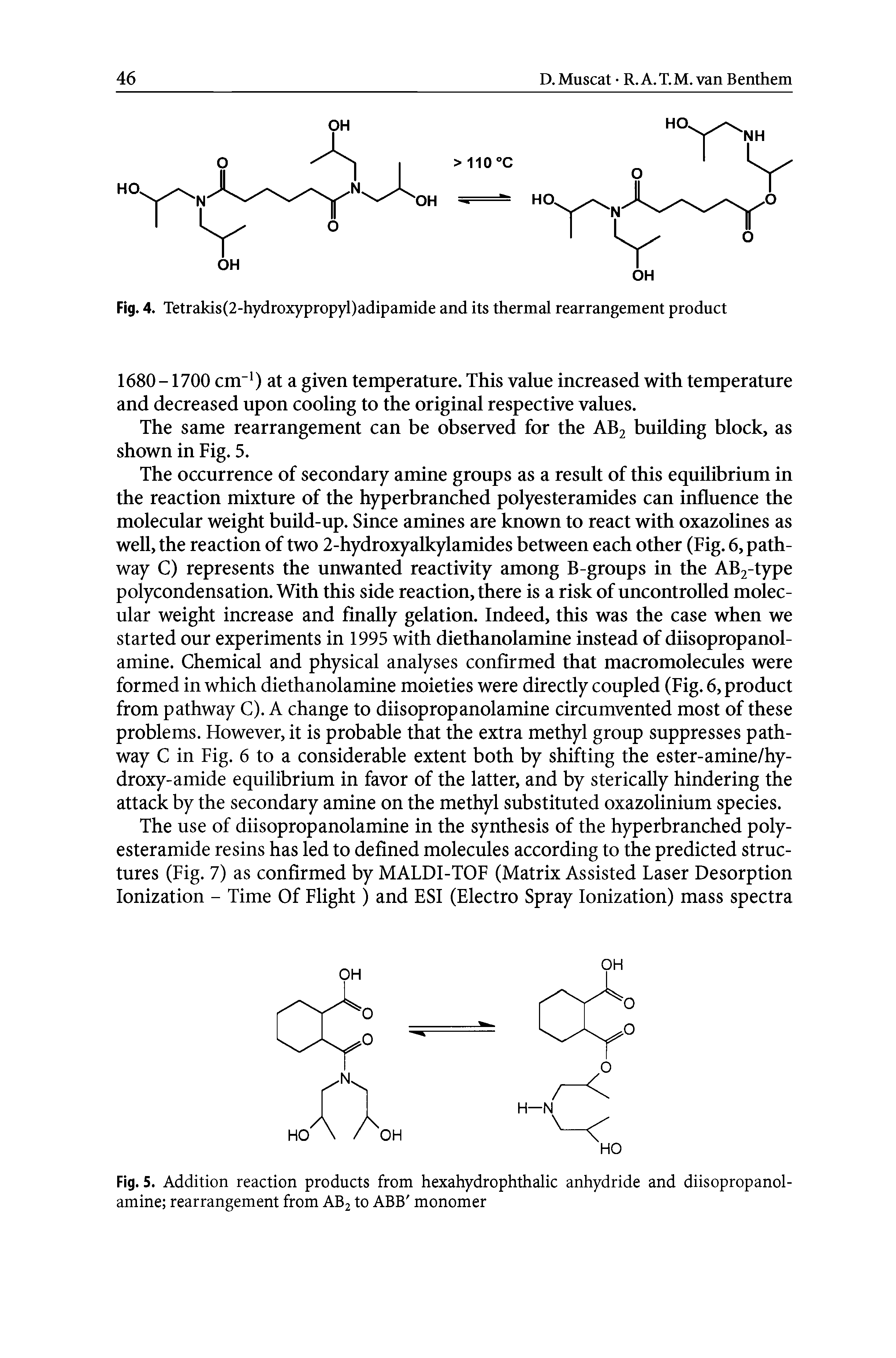 Fig. 5. Addition reaction products from hexahydrophthalic anhydride and diisopropanol-amine rearrangement from AB2 to ABB monomer...