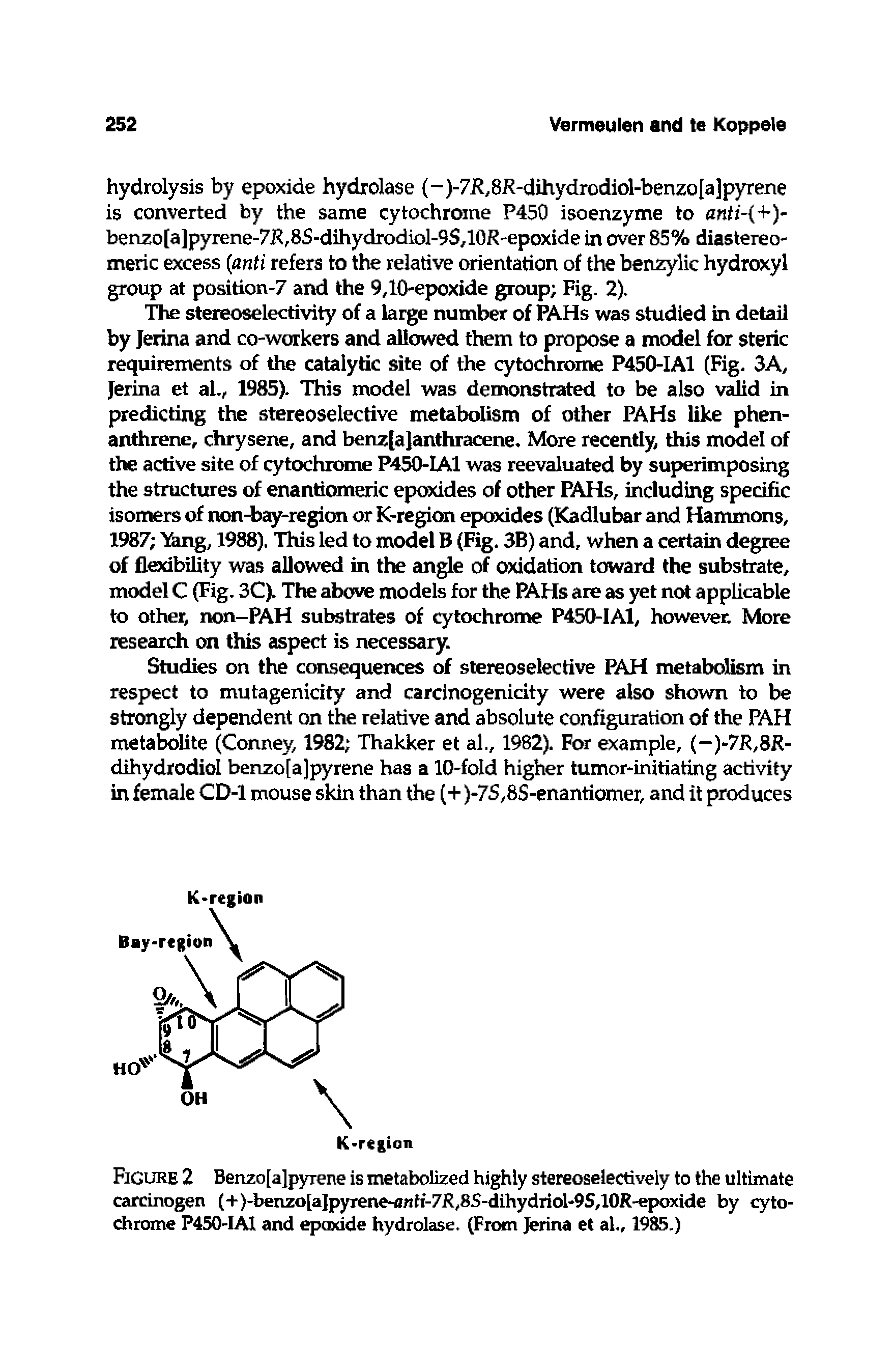 Figure 2 Benzo[a]pyrene is metabolized highly stereoseiectively to the ultimate carcinogen (+)-benzo[a]pyrene- ntf-7R,8S-dihydriol-9S,10R-epoxide by cytochrome P450-IA1 and epoxide hydrolase. (From Jerina et al., 1985.)...