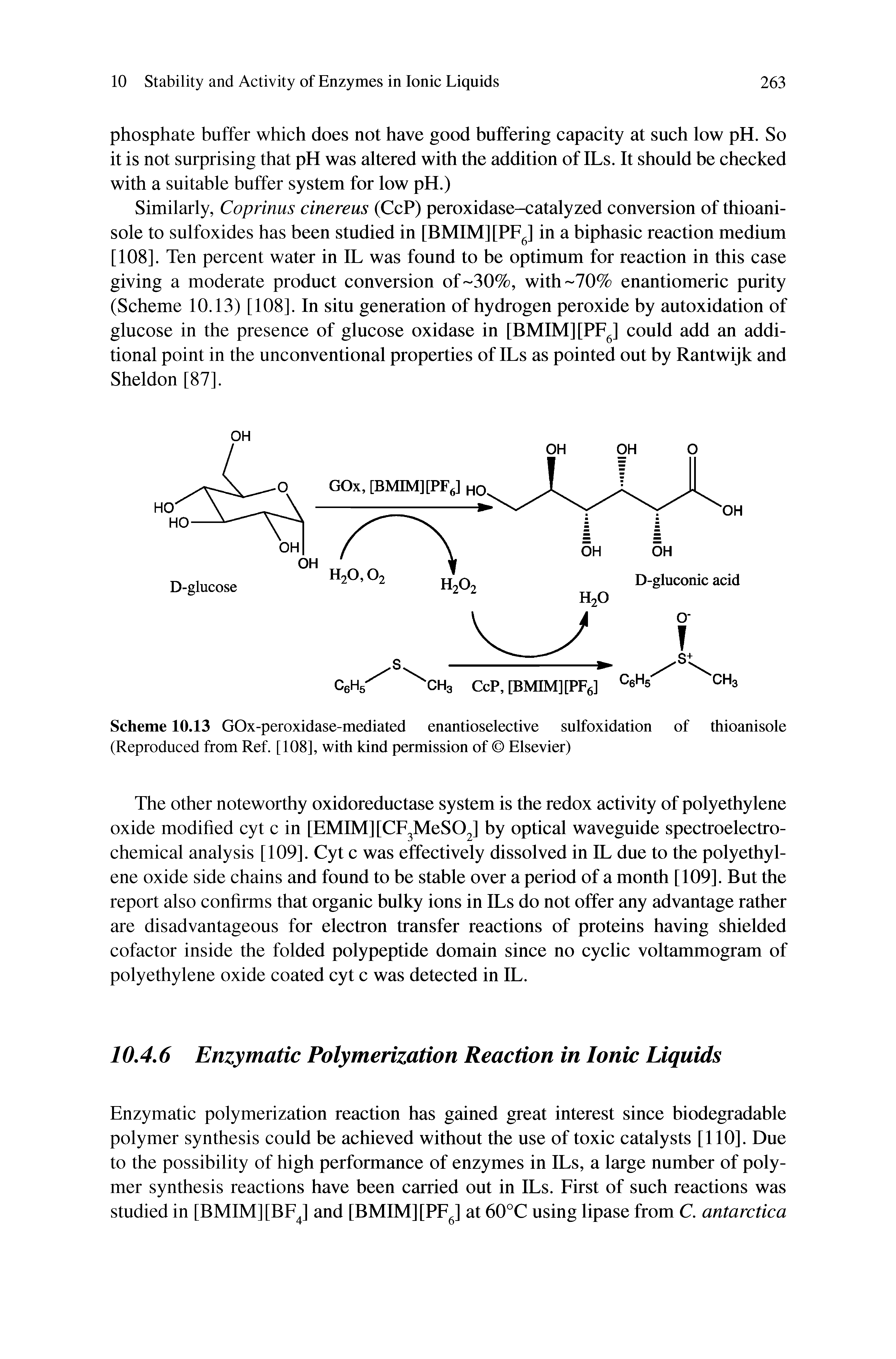 Scheme 10.13 GOx-peroxidase-mediated enantioselective sulfoxidation of thioanisole (Reproduced from Ref. [108], with kind permission of Elsevier)...