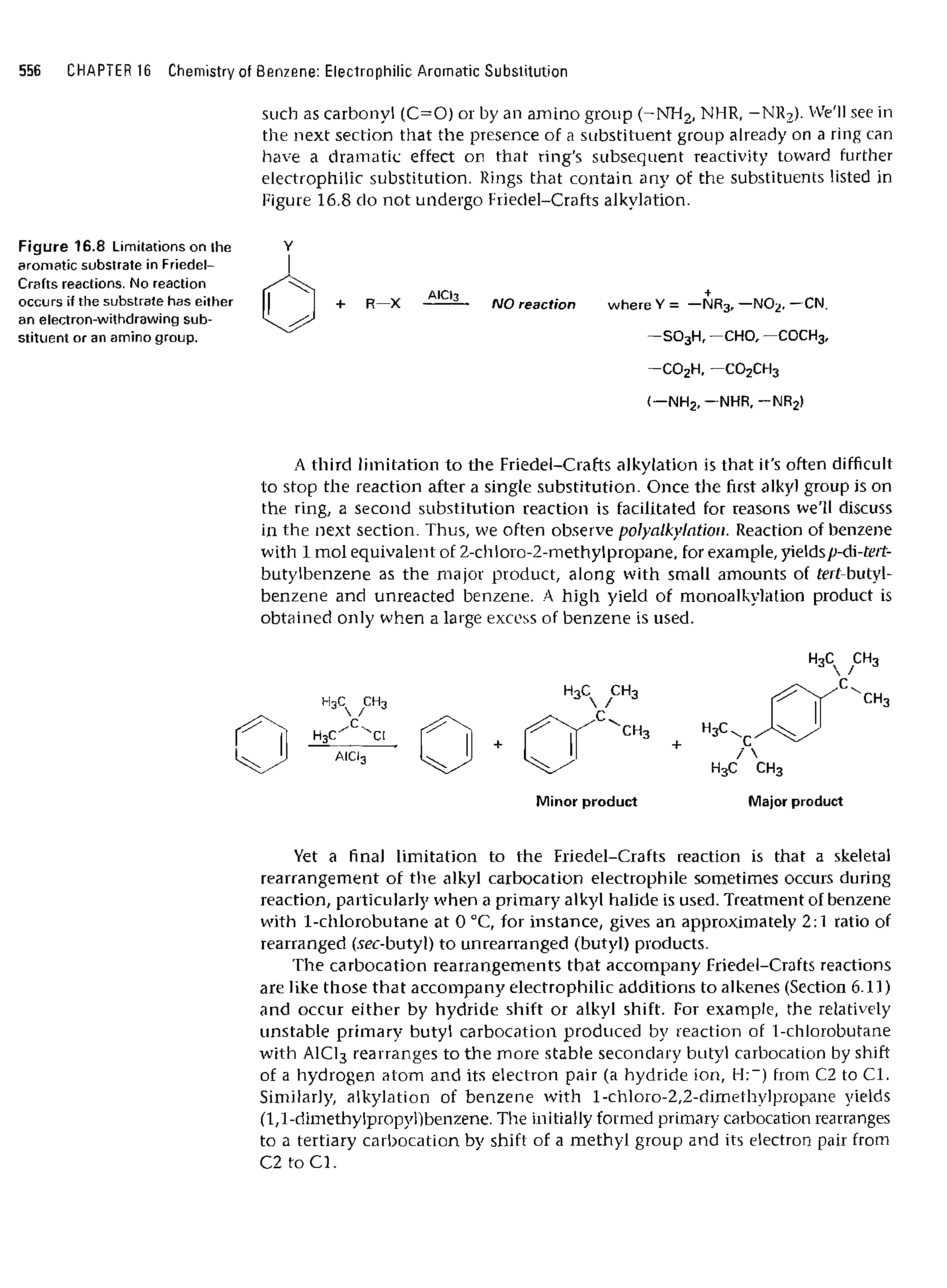 Figure 16.8 Limitations on the aromatic substrate in Friedel-Crafts reactions. No reaction occurs if the substrate has either an electron-withdrawing substituent or an amino group.