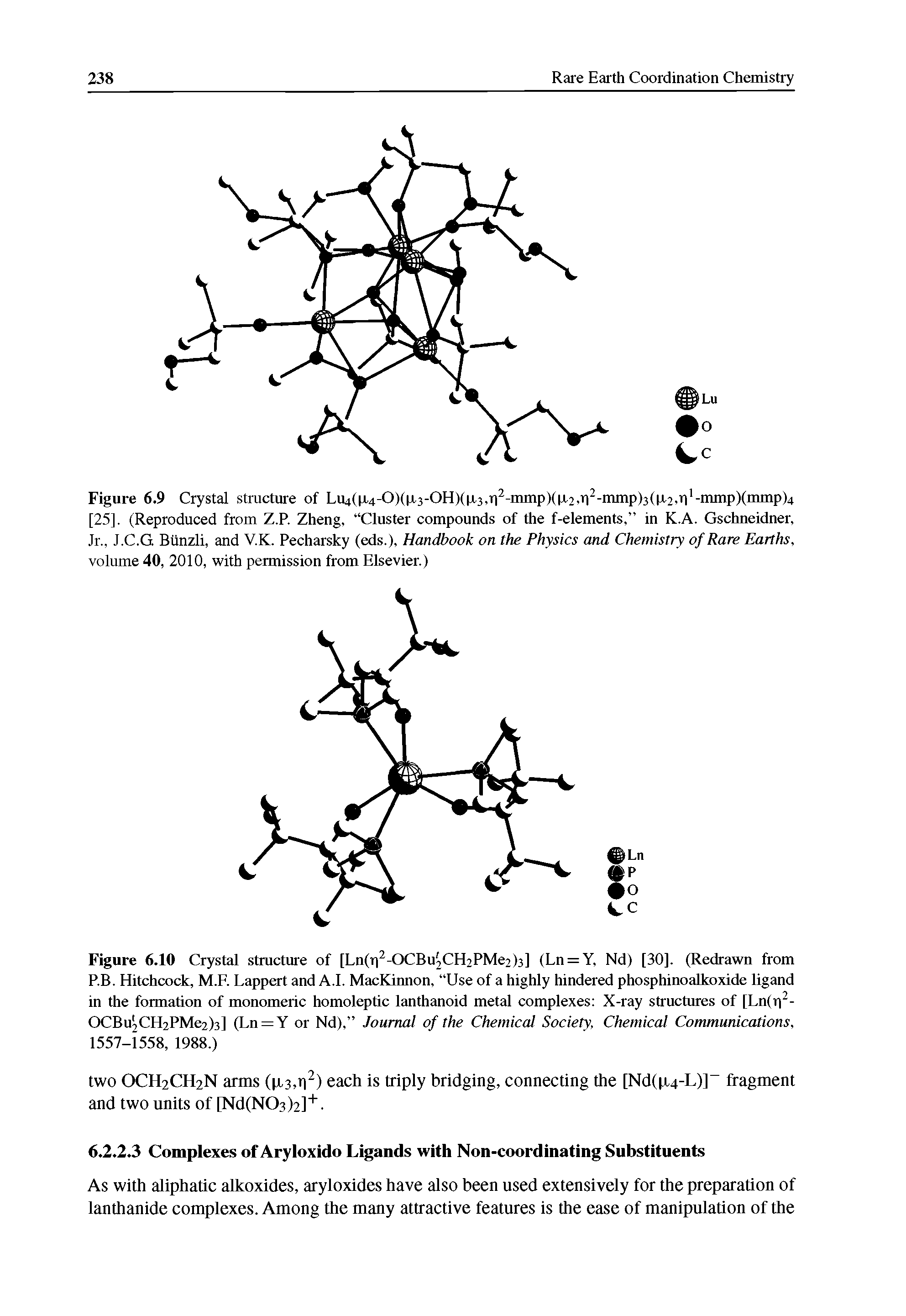 Figure 6.10 Crystal structure of [Ln(r -OCBu2CH2PMe2)3] (Ln = Y, Nd) [30]. (Redrawn from P.B. Hitchcock, M.F. Lappert and A.I. MacKimion, Use of a highly hindered phosphinoafkoxide ligand in the formation of monomeric homoleptic lanthanoid metal complexes X-ray structmes of [Ln(r -OCBu2CH2PMe2)3] (Ln = Y or Nd), Journal of the Chemical Society, Chemical Communications, 1557-1558, 1988.)...