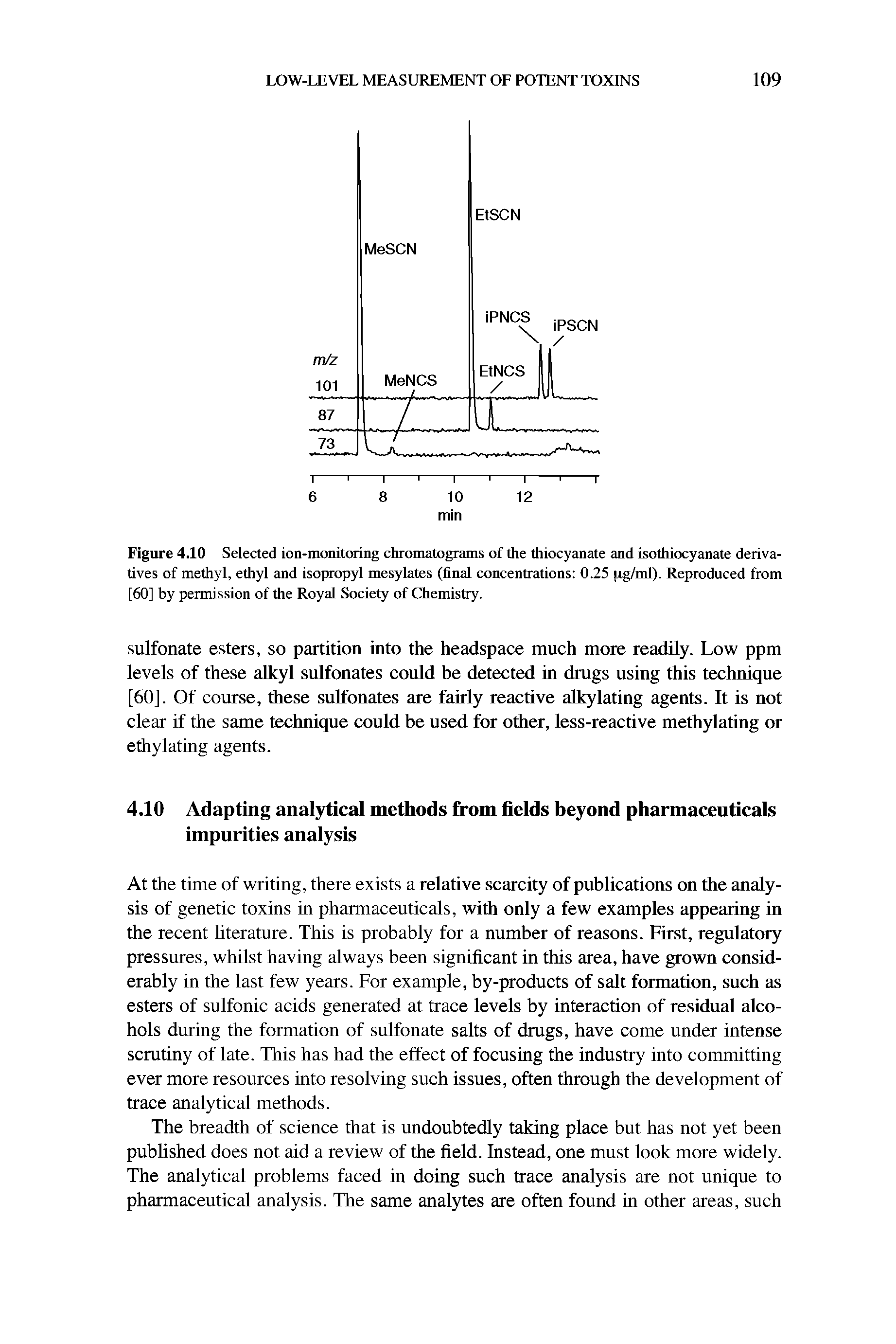 Figure 4.10 Selected ion-monitoring chromatograms of the thiocyanate and isothiocyanate derivatives of methyl, ethyl and isopropyl mesylates (final concentrations 0.25 pg/ml). Reproduced from [60] by permission of the Royal Society of Chemistry.