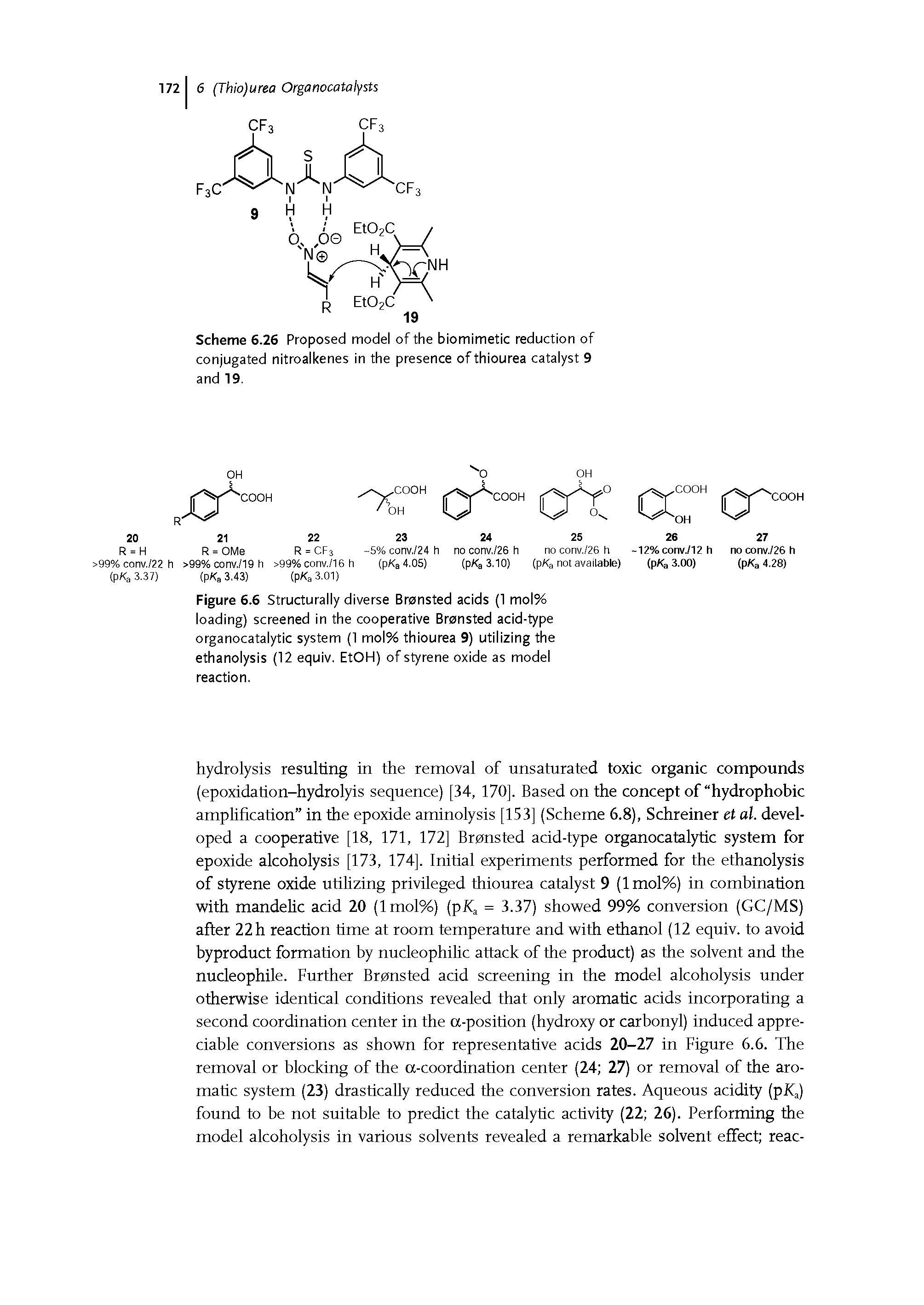 Scheme 6.26 Proposed model of the biomimetic reduction of conjugated nitroalkenes in the presence of thiourea catalyst 9 and 19.