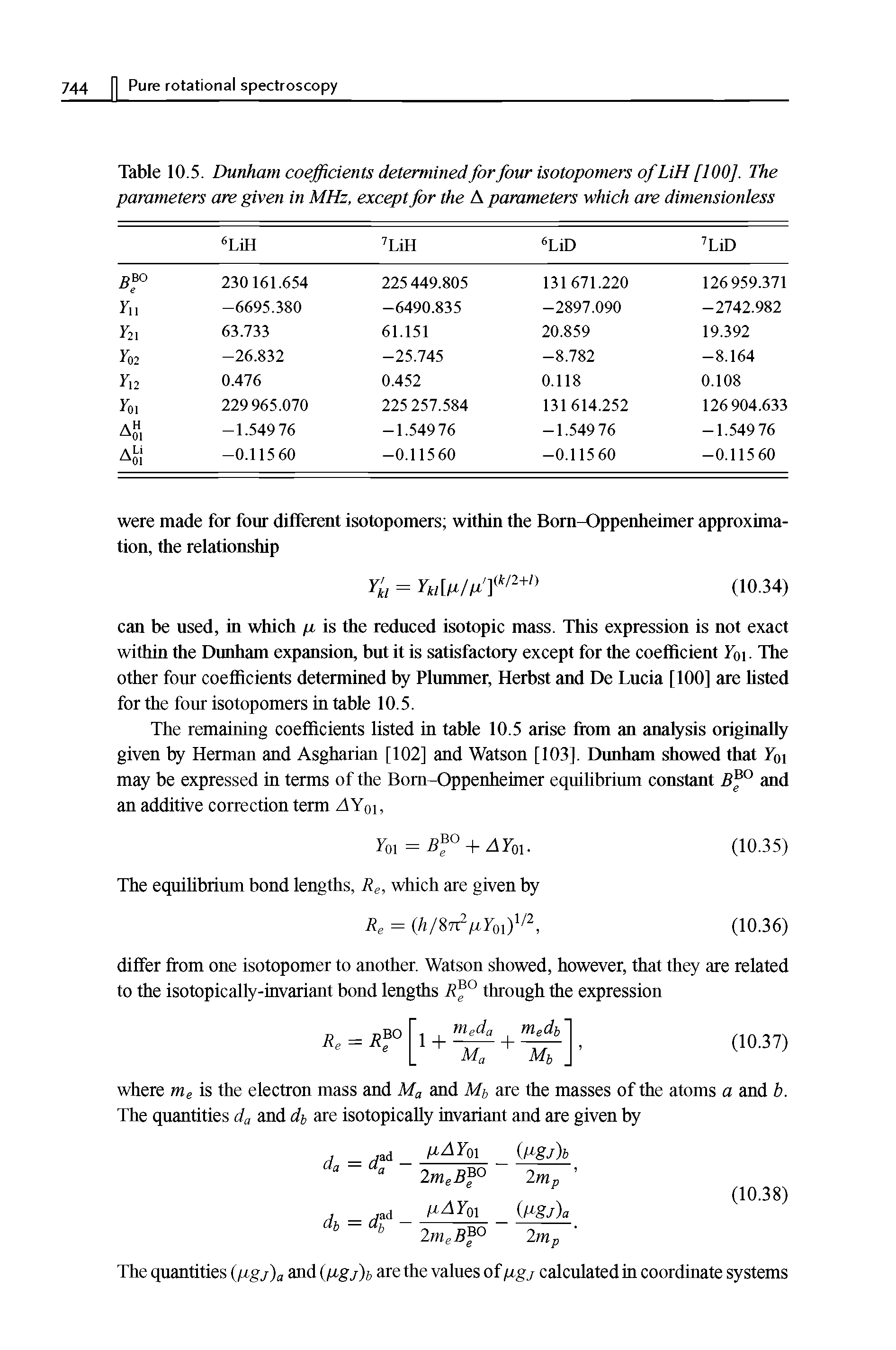 Table 10.5. Dunham coefficients determined for four isotopomers of LiH [100], The parameters are given in MHz, except for the A parameters which are dimensionless...
