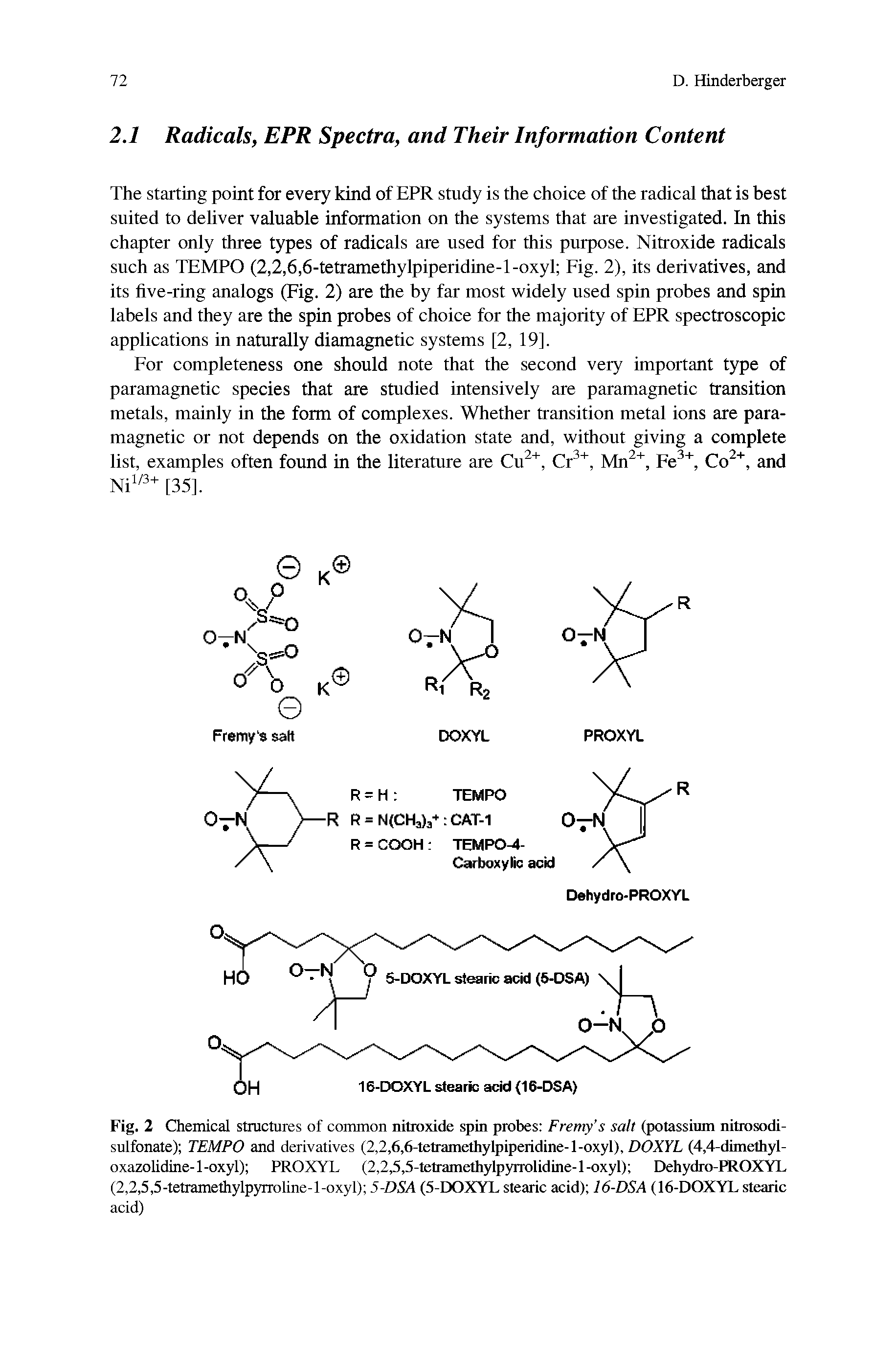 Fig. 2 Chemical structures of common nitroxide spin probes Fremy s salt (potassium nitrosodi-sulfonate) TEMPO and derivatives (2,2,6,6-tetramethylpiperidine-l-oxyl), DOXYL (4,4-dimethyl-oxazolidine-l-oxyl) PROXYL (2,2,5,5-tetramethylpyrrolidine-l-oxyl) Dehydro-PROXYL (2,2,5,5-tetramethylpyrroline-l-oxyl) 5-DSA (5-DOXYL stearic acid) 16-DSA (16-DOXYL stearic...