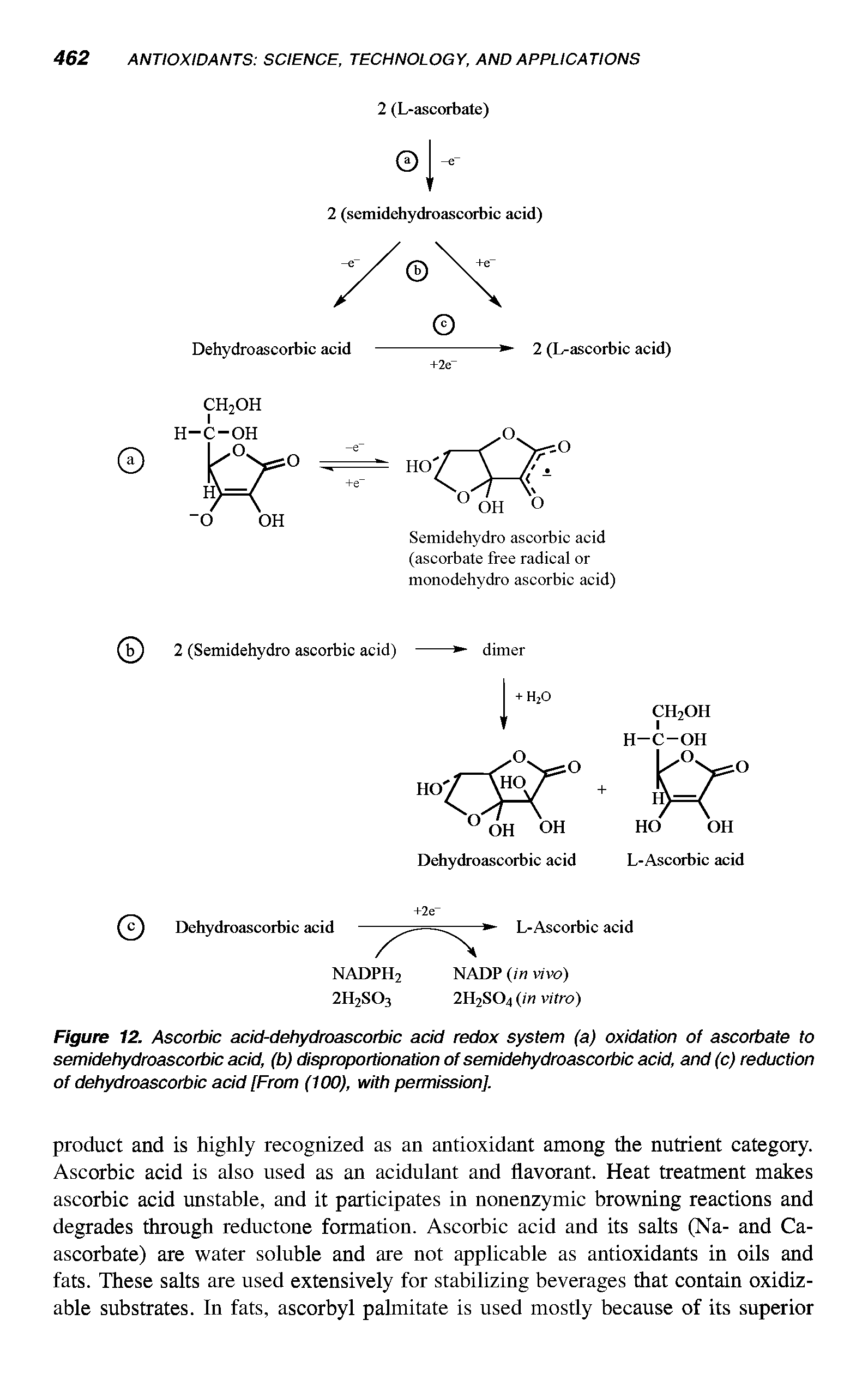 Figure 12. Ascorbic acid-dehydroascorbic acid redox system (a) oxidation of ascorbate to semidehydroascorbic acid, (b) disproportionation of semidehydroascorbic acid, and (c) reduction of dehydroascorbic acid [From (100), with permission].