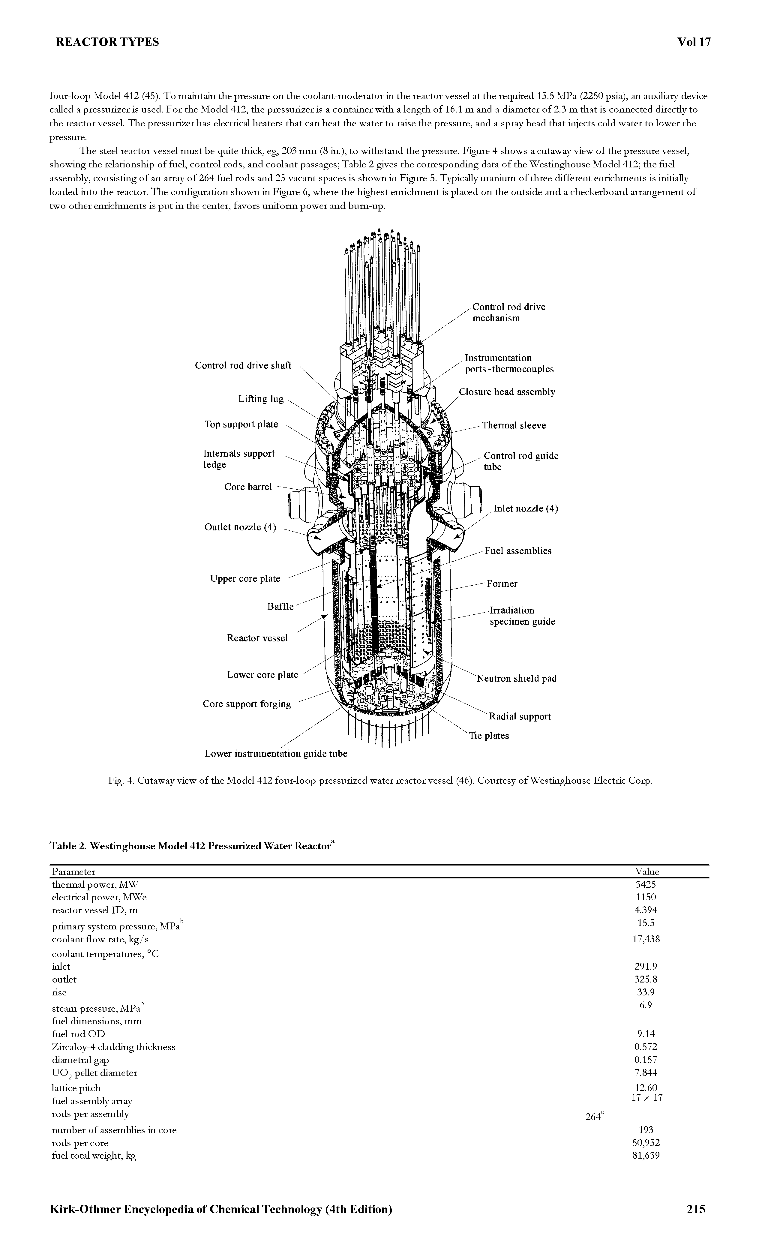 Fig. 4. Cutaway view of the Model 412 four-loop pressurized water reactor vessel (46). Courtesy of Westinghouse Electric Corp.