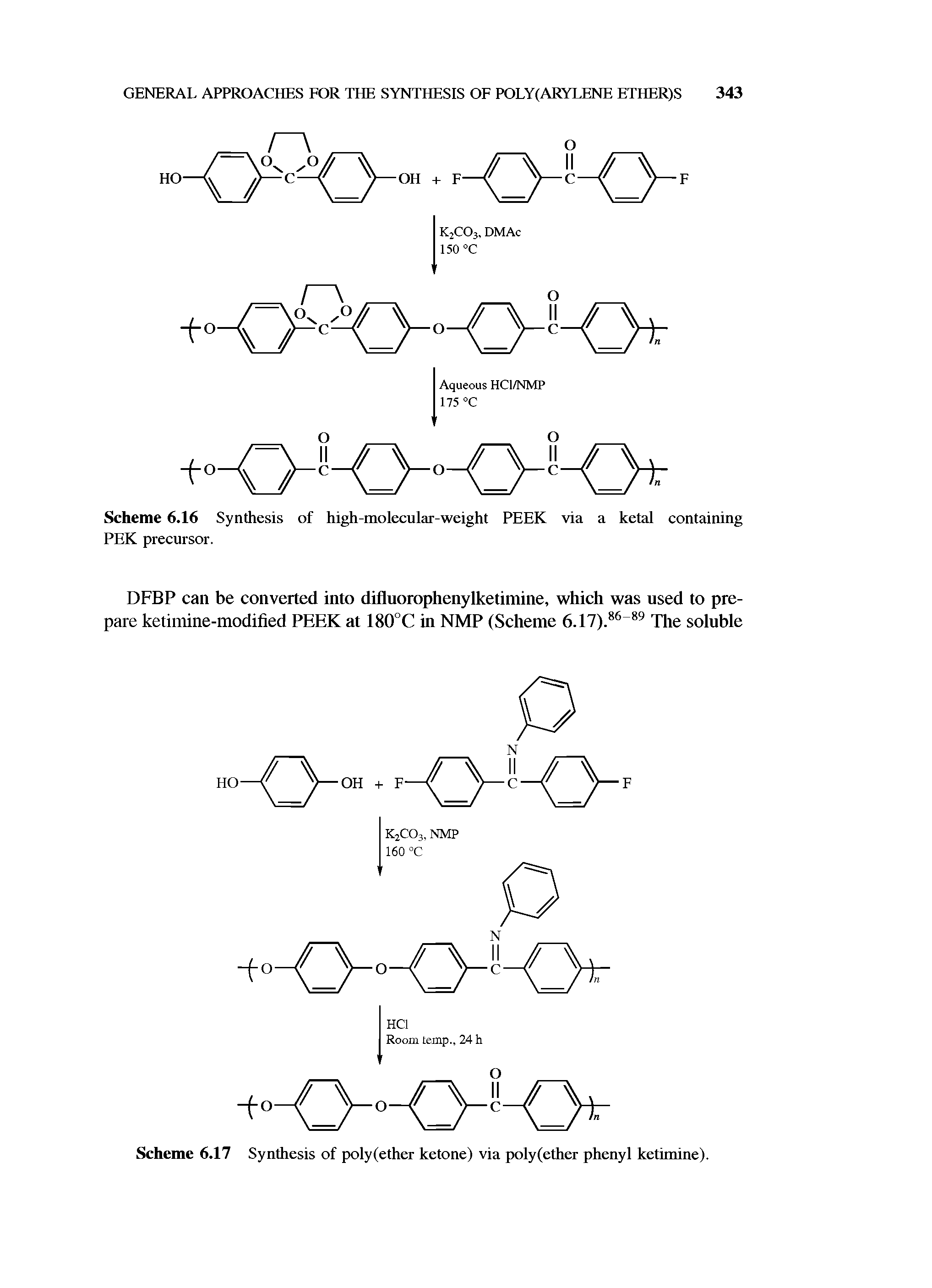 Scheme 6.17 Synthesis of poly(ether ketone) via poly(ether phenyl ketimine).