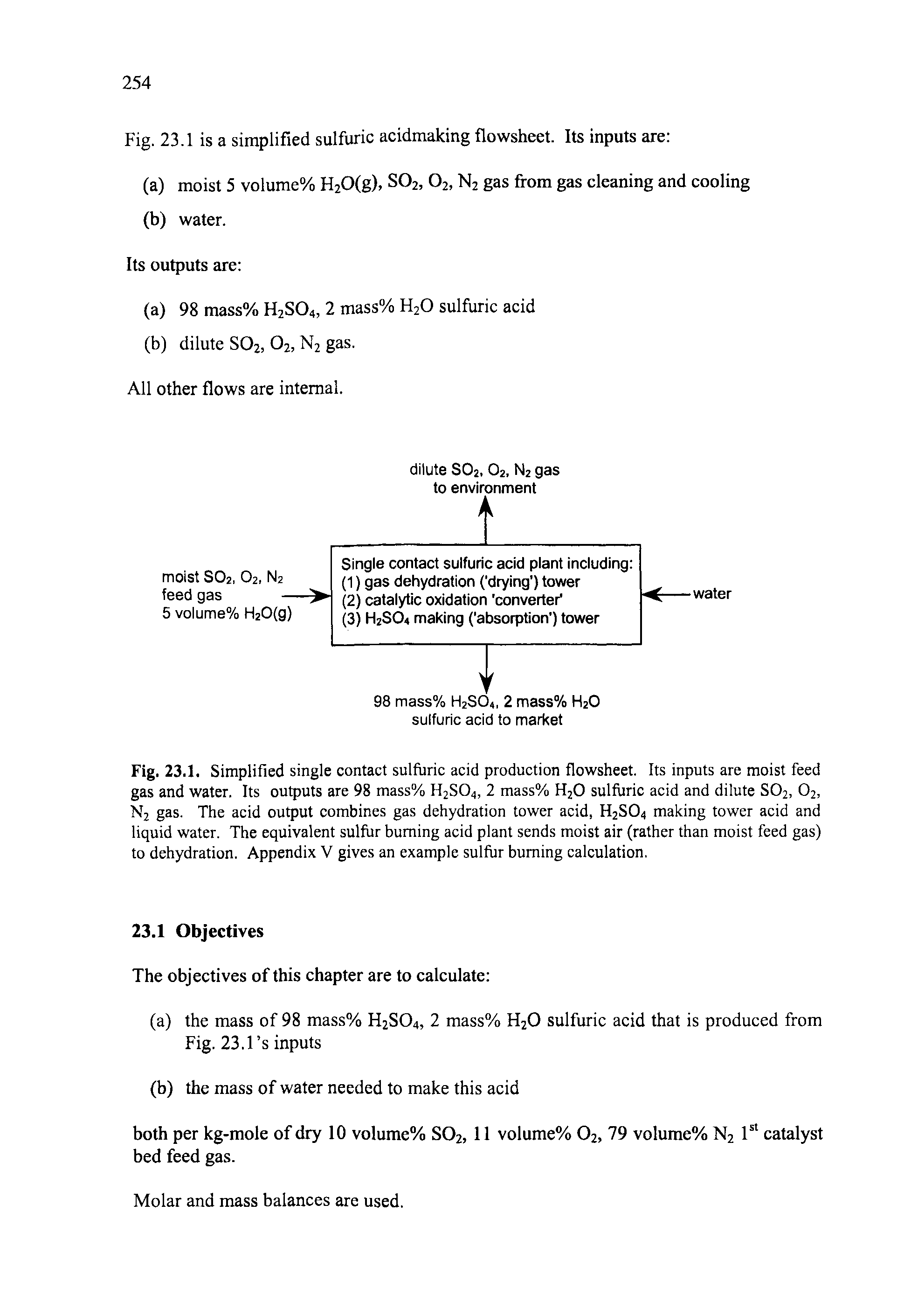 Fig. 23.1. Simplified single contact sulfuric acid production flowsheet. Its inputs are moist feed gas and water. Its outputs are 98 mass% H2S04, 2 mass% H20 sulfuric acid and dilute S02, 02, N2 gas. The acid output combines gas dehydration tower acid, H2S04 making tower acid and liquid water. The equivalent sulfur burning acid plant sends moist air (rather than moist feed gas) to dehydration. Appendix V gives an example sulfur burning calculation.