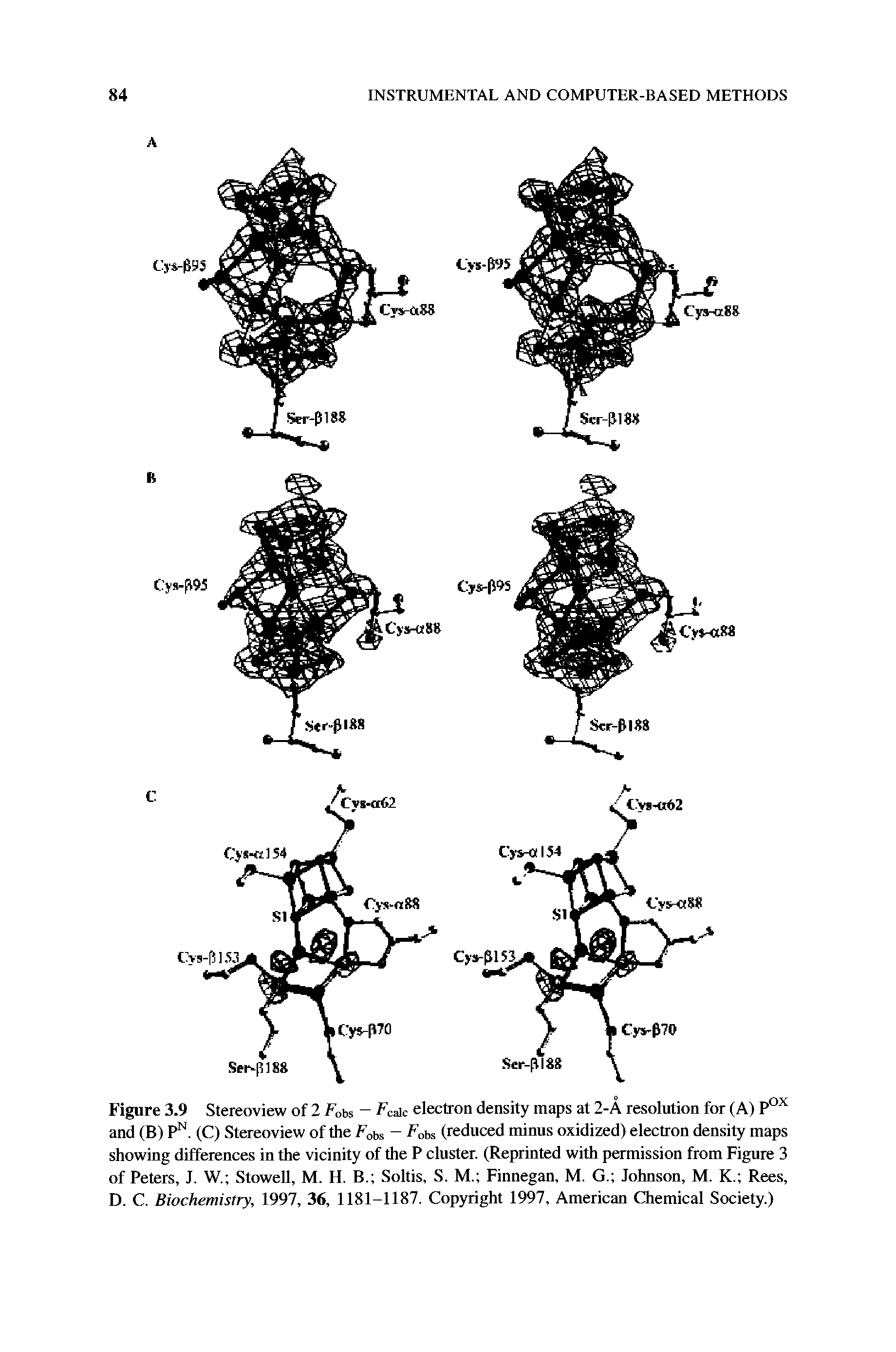 Figure 3.9 Stereoview of 2 F0bs - Fcaic electron density maps at 2-A resolution for (A) Pox and (B) PN. (C) Stereoview of the Fobs - Fobs (reduced minus oxidized) electron density maps showing differences in the vicinity of the P cluster. (Reprinted with permission from Figure 3 of Peters, J. W. Stowell, M. H. B. Soltis, S. M. Finnegan, M. G. Johnson, M. K. Rees, D. C. Biochemistry, 1997, 36, 1181-1187. Copyright 1997, American Chemical Society.)...
