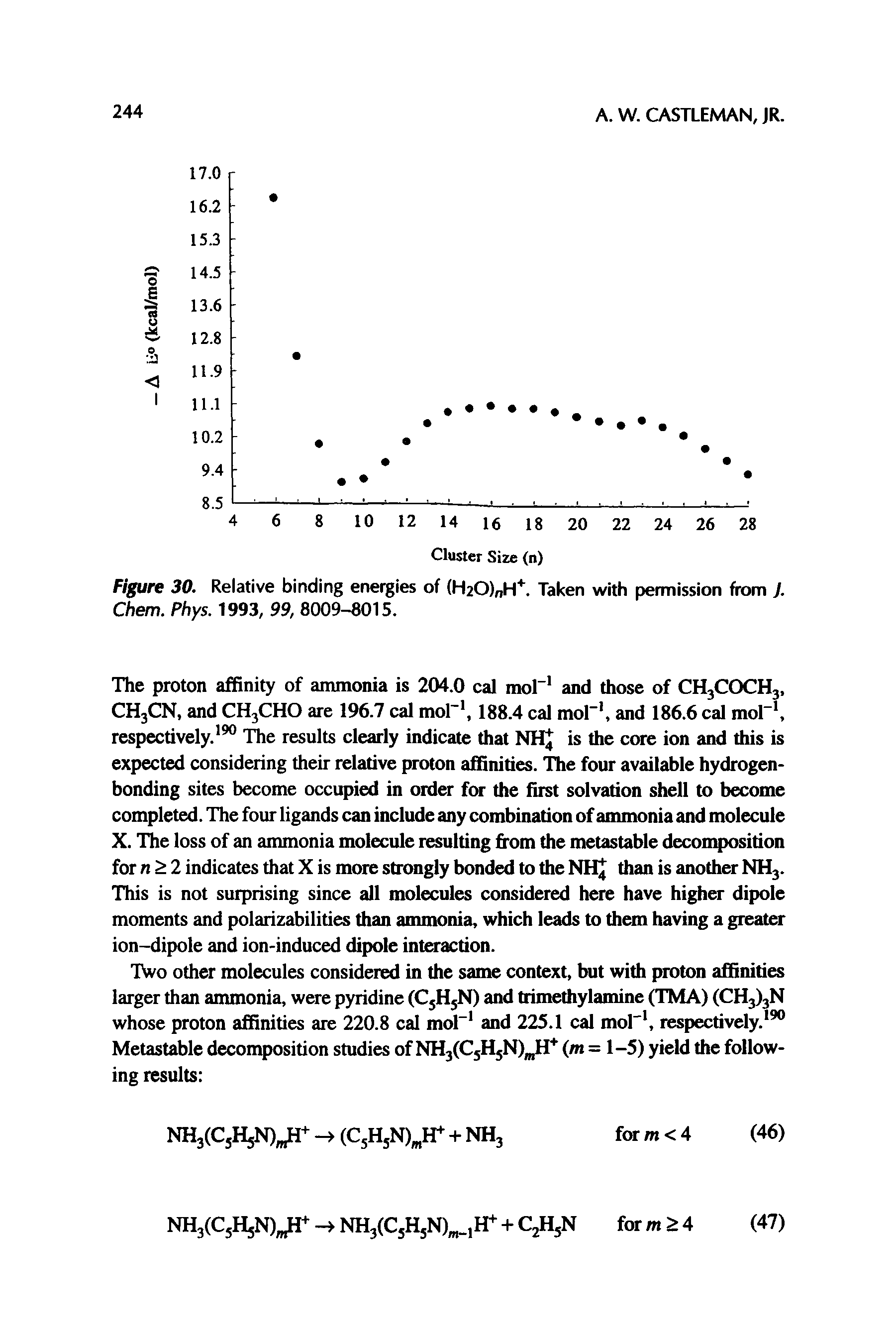 Figure 30. Relative binding energies of (H20) H+. Taken with permission from J. Chem. Phys. 1993, 99, 8009-8015.