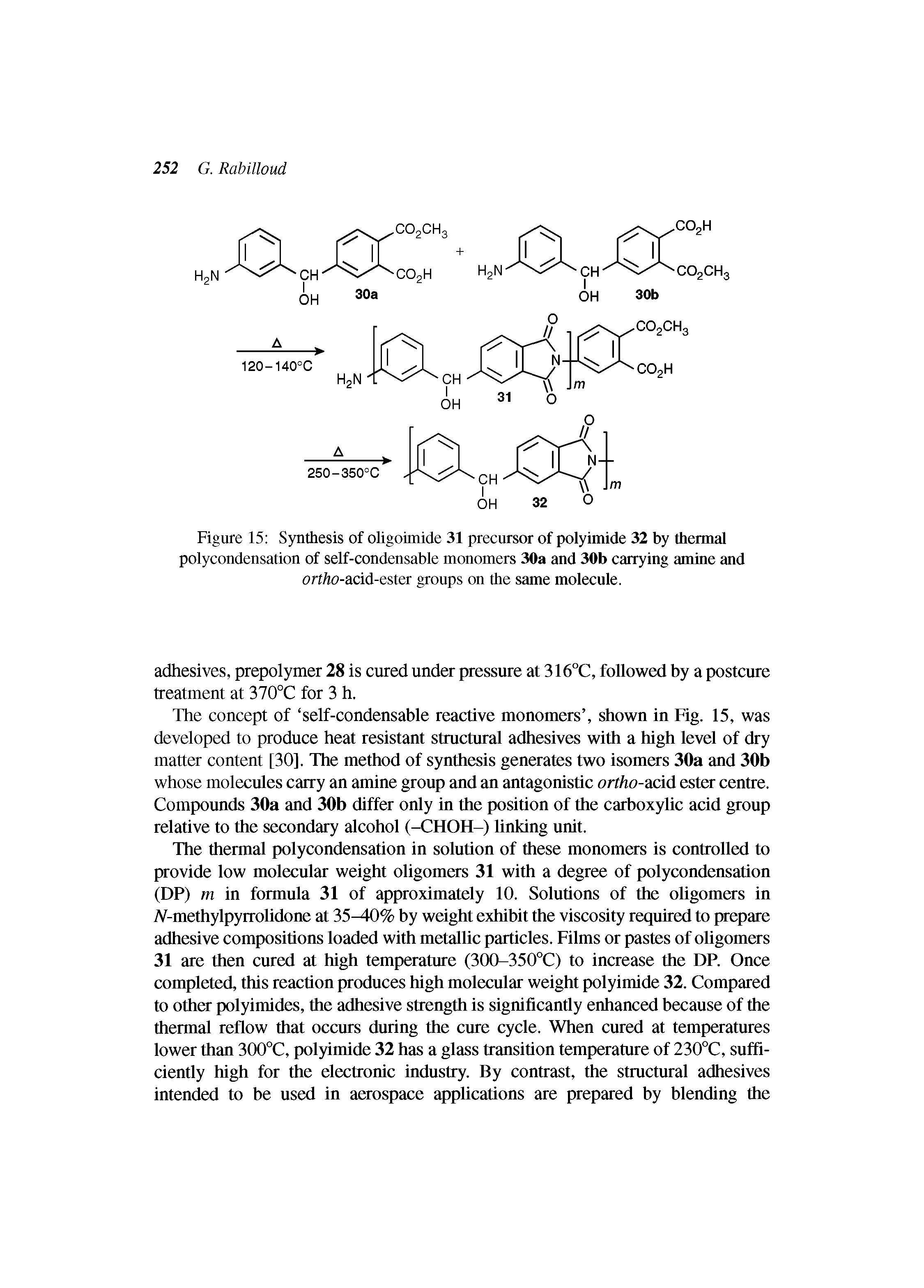 Figure 15 Synthesis of oligoimide 31 precursor of polyimide 32 by thermal polycondensation of self-condensable monomers 30a and 30b carrying amine and ort/to-acid-ester groups on the same molecule.