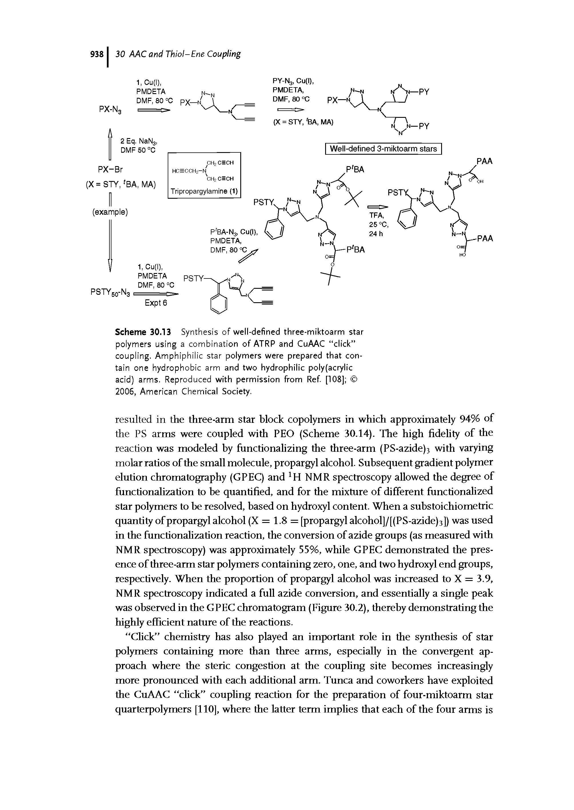 Scheme 30.13 Synthesis of well-defined three-miktoarm star polymers using a combination of ATRP and CuAAC click" coupling. Amphiphilic star polymers were prepared that contain one hydrophobic arm and two hydrophilic poly(acrylic acid) arms. Reproduced with permission from Ref. [108] 2006, American Chemical Society.