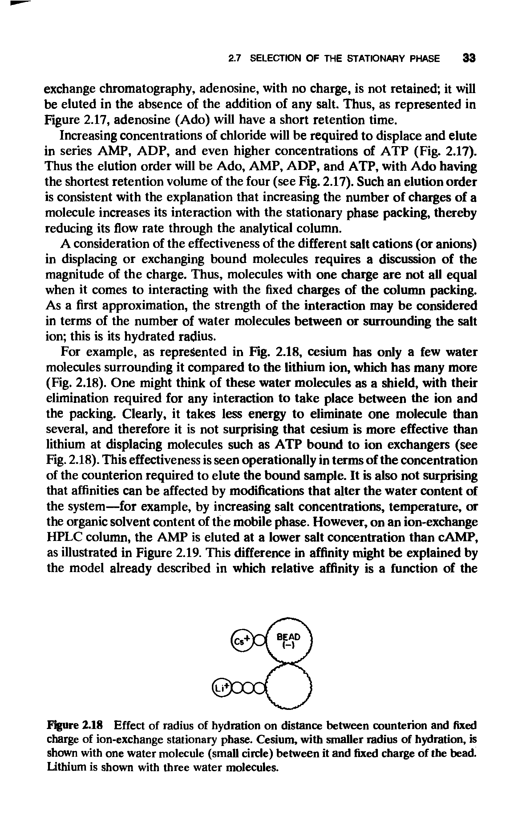 Figure 2.18 Effect of radius of hydration on distance between counterion and fixed charge of ion-exchange stationary phase. Cesium, with smaller radius of hydration, is shown with one water molecule (small circle) between it and fixed charge of the bead. Lithium is shown with three water molecules.
