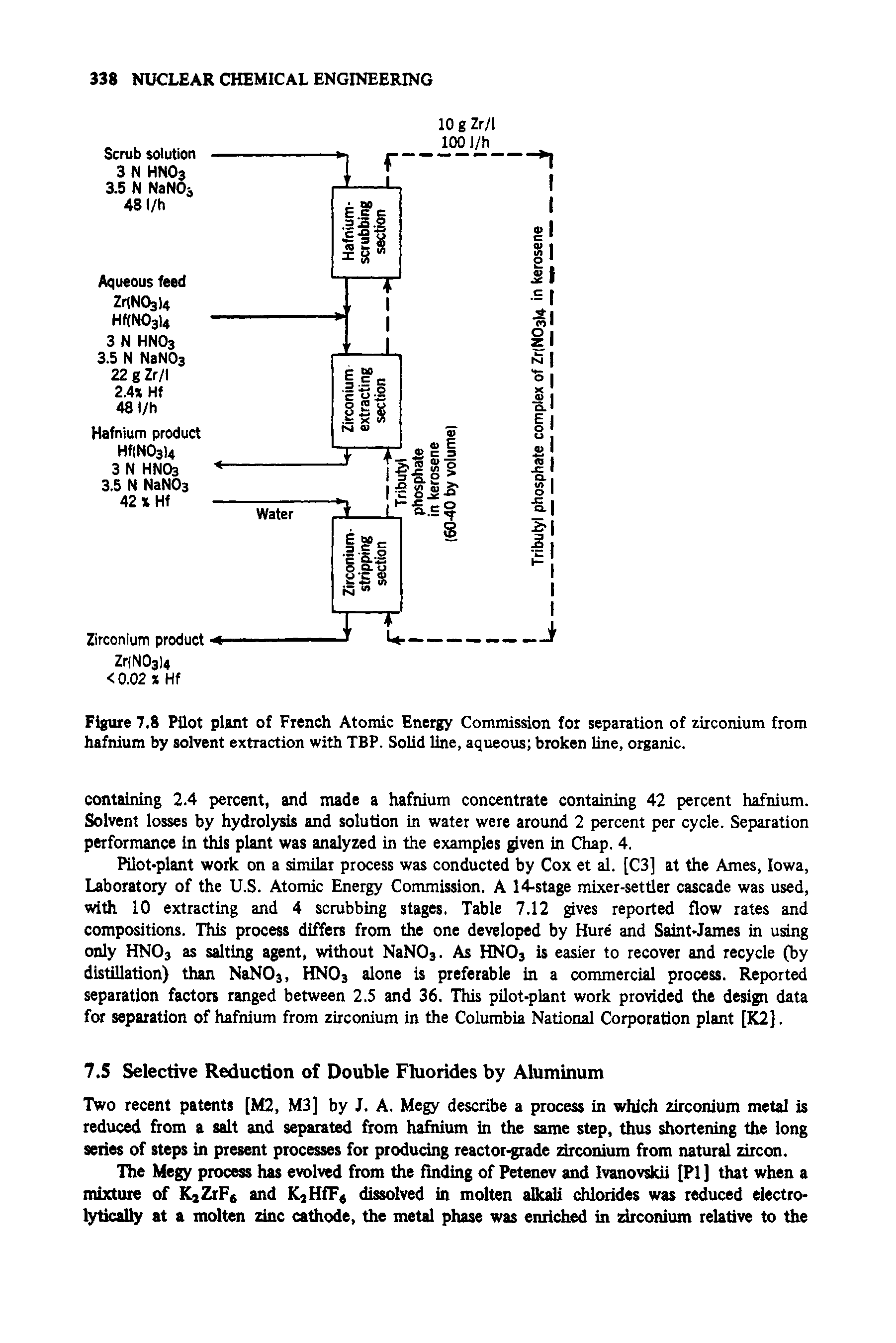 Figure 7.8 Pilot plant of French Atomic Energy Commission for separation of zirconium from hafnium by solvent extraction with TBP. Solid line, aqueous broken Une, organic.
