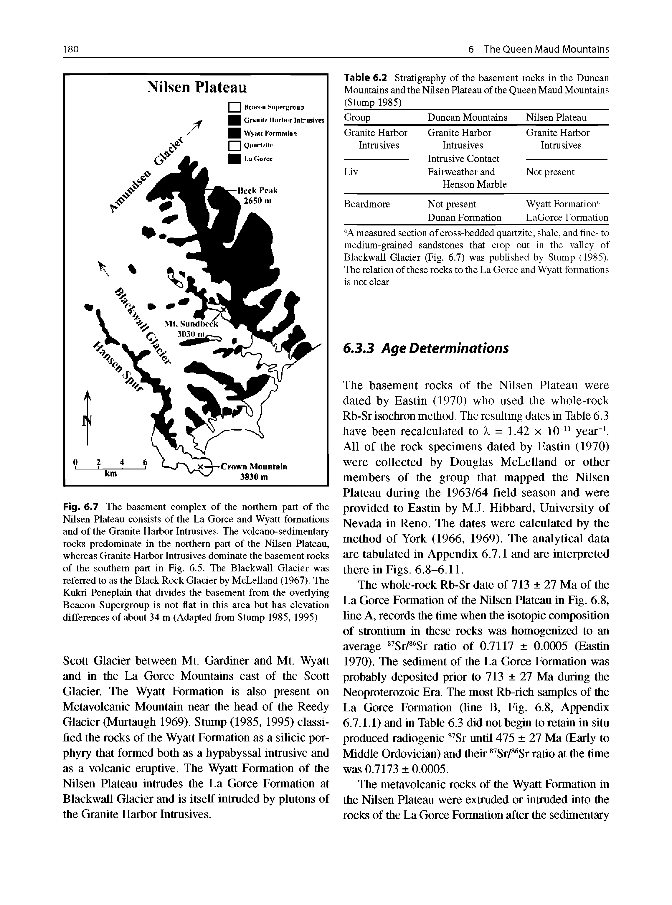Fig. 6.7 The basement complex of the northern part of the Nilsen Plateau consists of the La Gorce and Wyatt formations and of the Granite Harbor Intrusives. The volcano-sedimentary rocks predominate in the northern part of the Nilsen Plateau, whereas Granite Harbor Intrusives dominate the basement rocks of the southern part in Fig. 6.5. The Blackwall Glacier was referred to as the Black Rock Glacier by McLelland (1967). The Kukri Peneplain that divides the basement from the overlying Beacon Supergroup is not flat in this area but has elevation differences of about 34 m (Adapted from Stump 1985, 1995)...