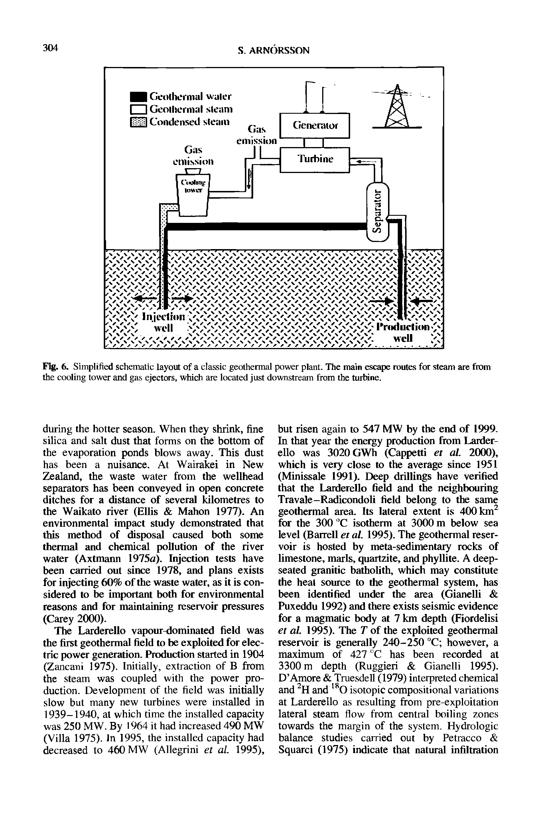 Fig. 6. Simplified schematic layout of a classic geothermal power plant. The main escape routes for steam are from the cooling tower and gas ejectors, which are located just downstream from the turbine.