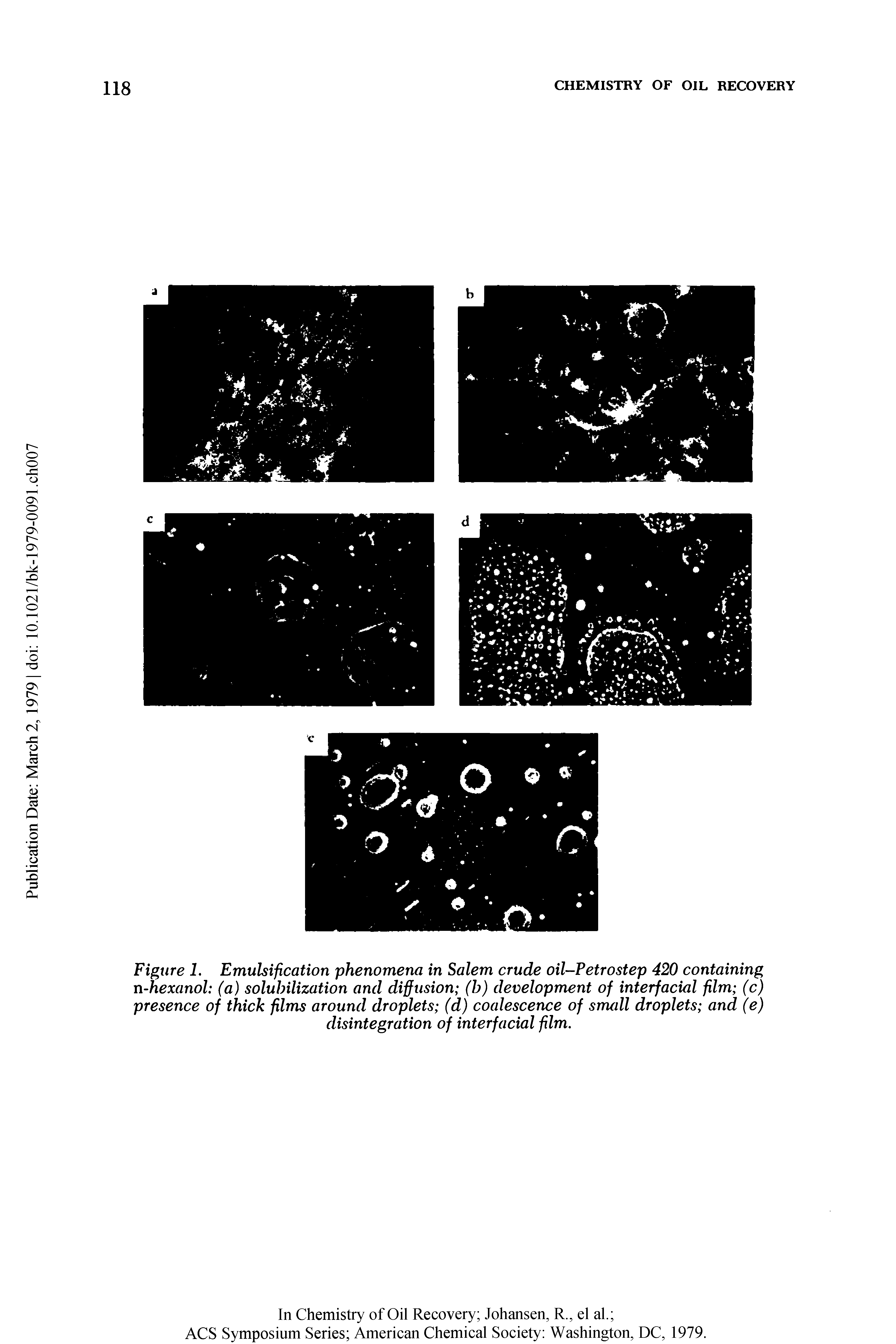 Figure 1. Emulsification phenomena in Salem crude oil-Petrostep 420 containing n-hexanol (a) solubilization and diffusion (b) development of interfacial film (c) presence of thick films around droplets (d) coalescence of srrudl droplets and (e) disintegration of interfacial film.
