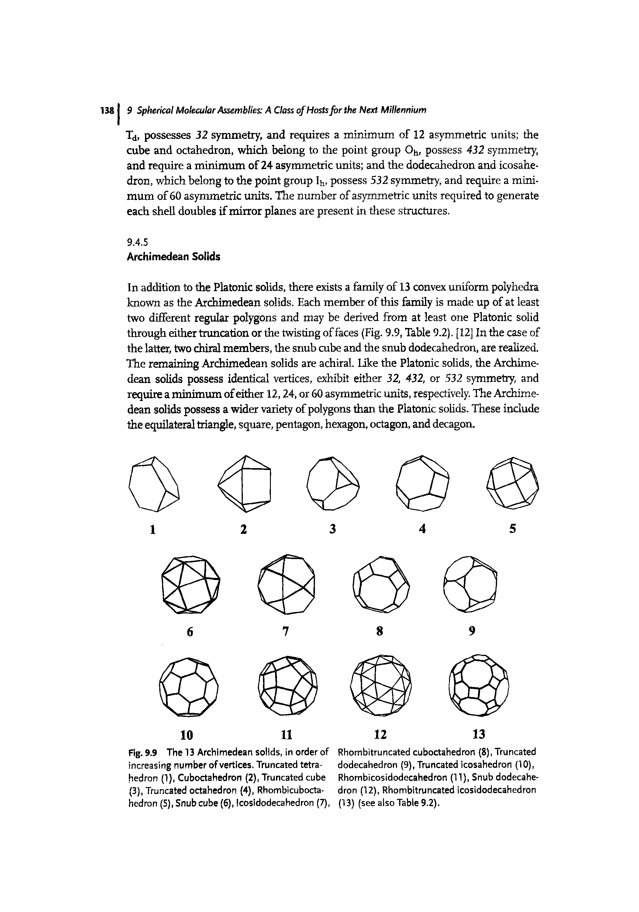 Fig. 9.9 The 13 Archimedean solids, in order of increasing number of vertices. Truncated tetrahedron (1), Cuboctahedron (2), Truncated cube (3), Truncated octahedron (4), Rhombicubocta-hedron (5), Snub cube (6), Icosidodecahedron (7),...