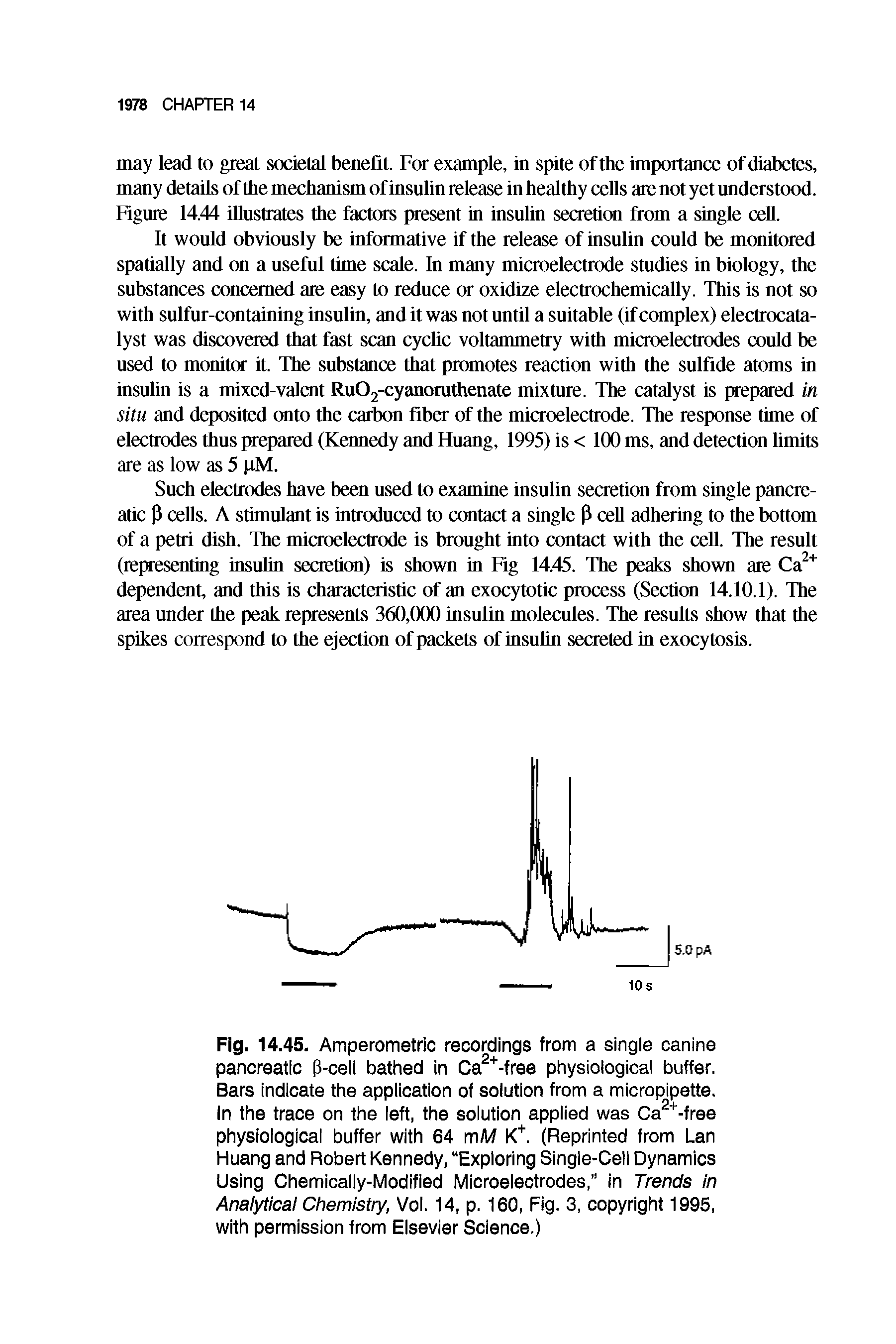 Fig. 14.45. Amperometric recordings from a single canine pancreatic (3-cell bathed in Ca2+-free physiological buffer. Bars indicate the application of solution from a micropipette. In the trace on the left, the solution applied was Ca2+-free physiological buffer with 64 mM K+. (Reprinted from Lan Huang and Robert Kennedy, Exploring Single-Cell Dynamics Using Chemically-Modified Microelectrodes, in Trends in Analytical Chemistry, Vol. 14, p. 160, Fig. 3, copyright 1995, with permission from Elsevier Science.)...