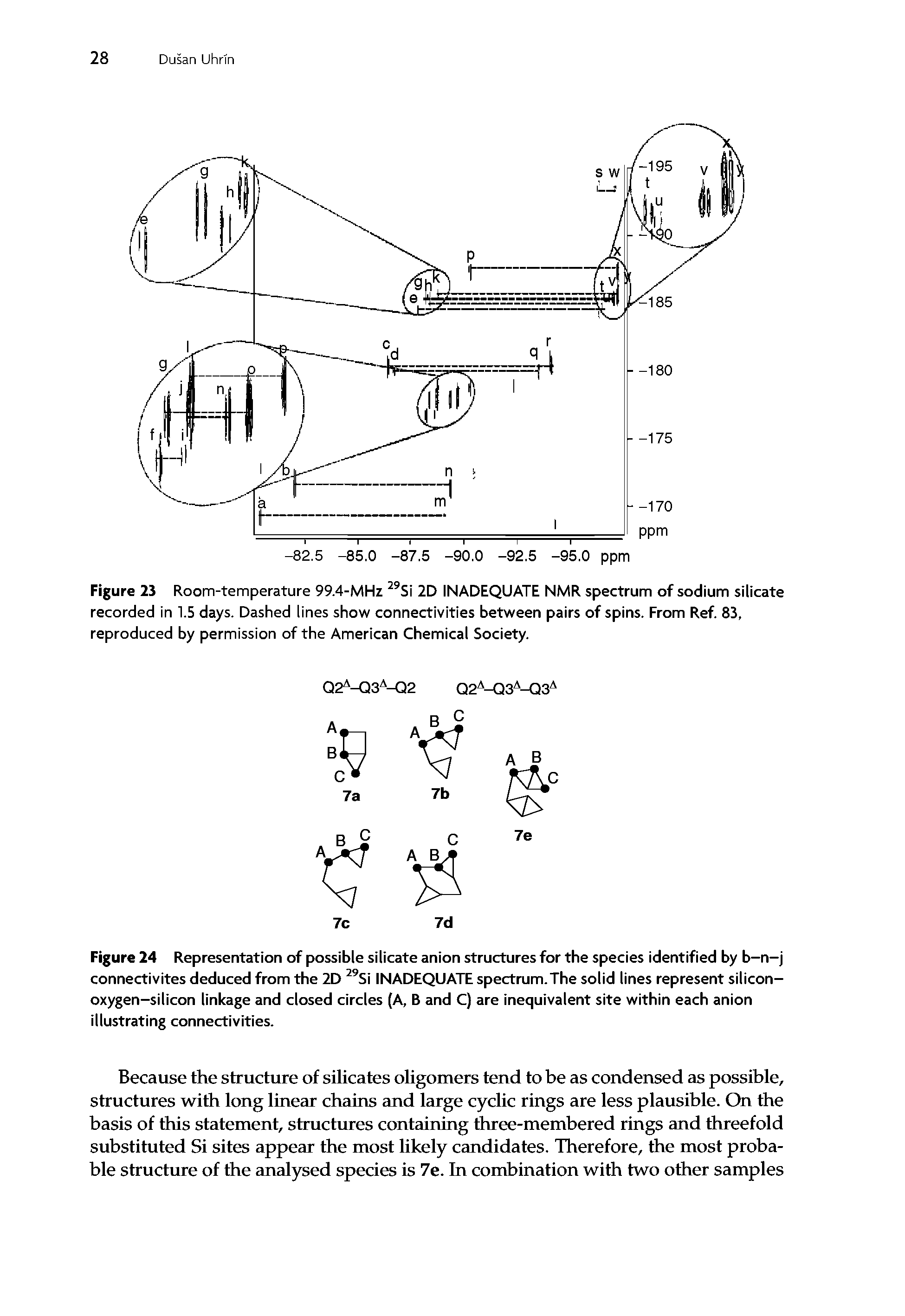 Figure 24 Representation of possible silicate anion structures for the species identified by b-n-j connectivites deduced from the 2D 29Si INADEQUATE spectrum.The solid lines represent silicon-oxygen-silicon linkage and closed circles (A, B and C) are inequivalent site within each anion illustrating connectivities.