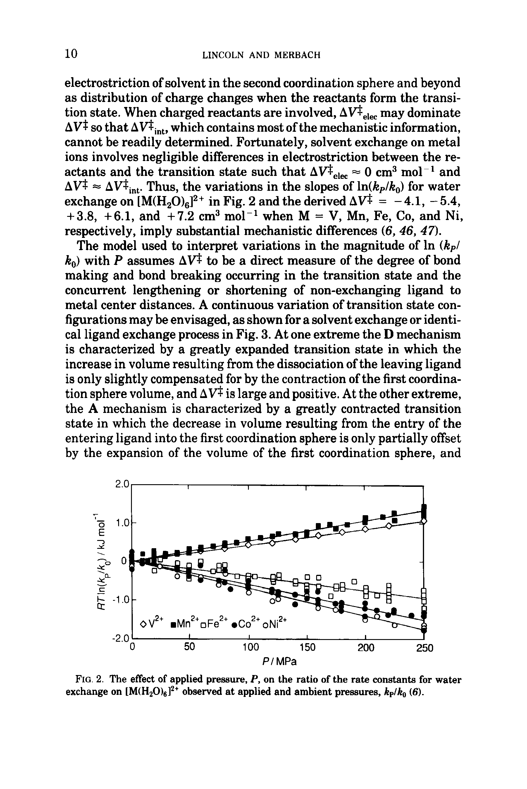 Fig. 2. The effect of applied pressure, P, on the ratio of the rate constants for water exchange on [M(H20)6]2+ observed at applied and ambient pressures, kPlk0 (6).