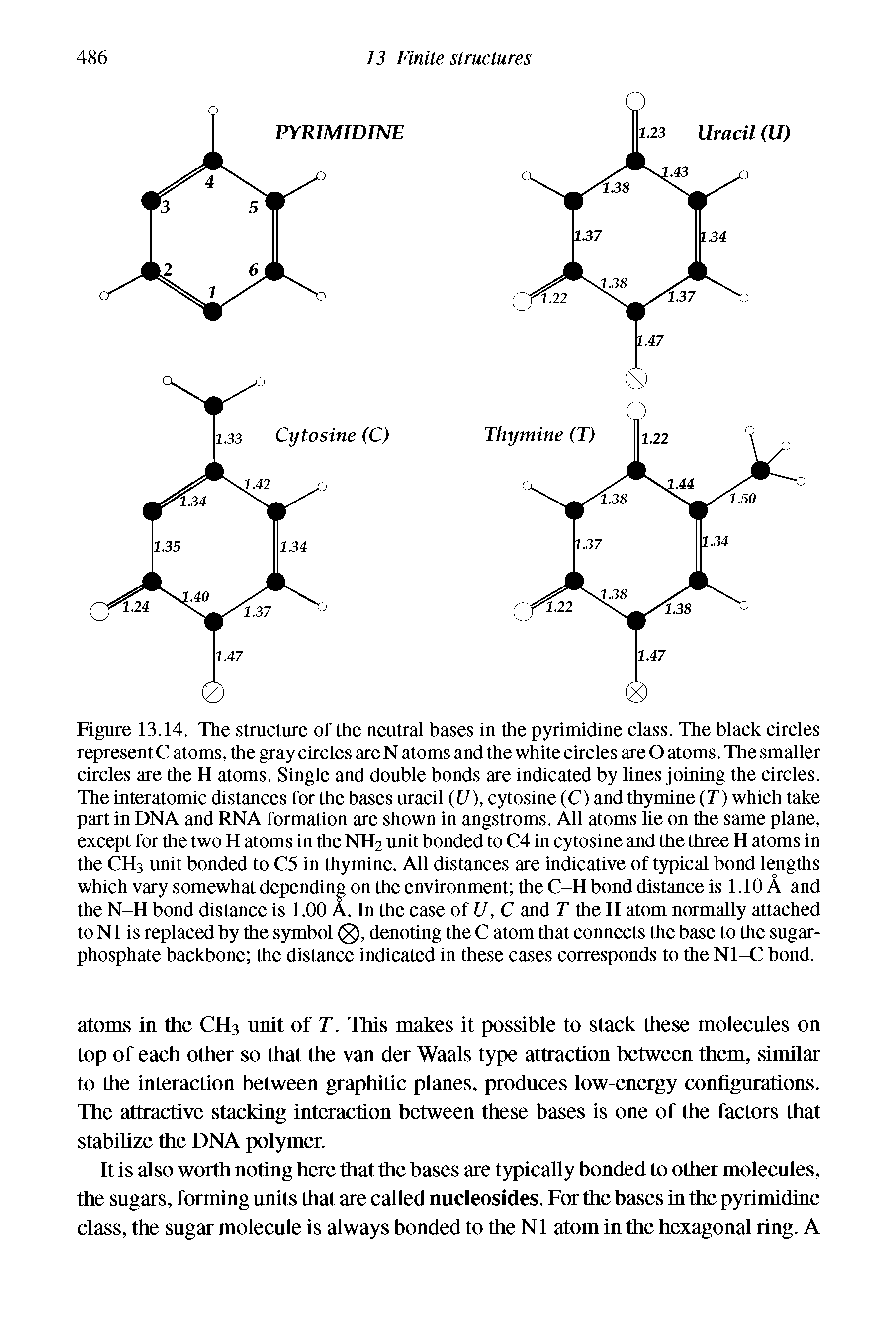 Figure 13.14. The structure of the neutral bases in the pyrimidine class. The black circles represent C atoms, the gray circles are N atoms and the white circles are O atoms. The smaller circles are the H atoms. Single and double bonds are indicated by lines joining the circles. The interatomic distances for the bases uracil ([/), cytosine (C) and thymine (J) which take part in DNA and RNA formation are shown in angstroms. All atoms lie on the same plane, except for the two H atoms in the NH2 unit bonded to C4 in cytosine and the three H atoms in the CH3 unit bonded to C5 in thymine. All distances are indicative of typical bond lengths which vary somewhat depending on the environment the C-H bond distance is 1.10 A and the N-H bond distance is 1.00 A. In the case of U, C and T the H atom normally attached to N1 is replaced by the symbol 0, denoting the C atom that connects the base to the sugar-phosphate backbone the distance indicated in these cases corresponds to the Nl-C bond.