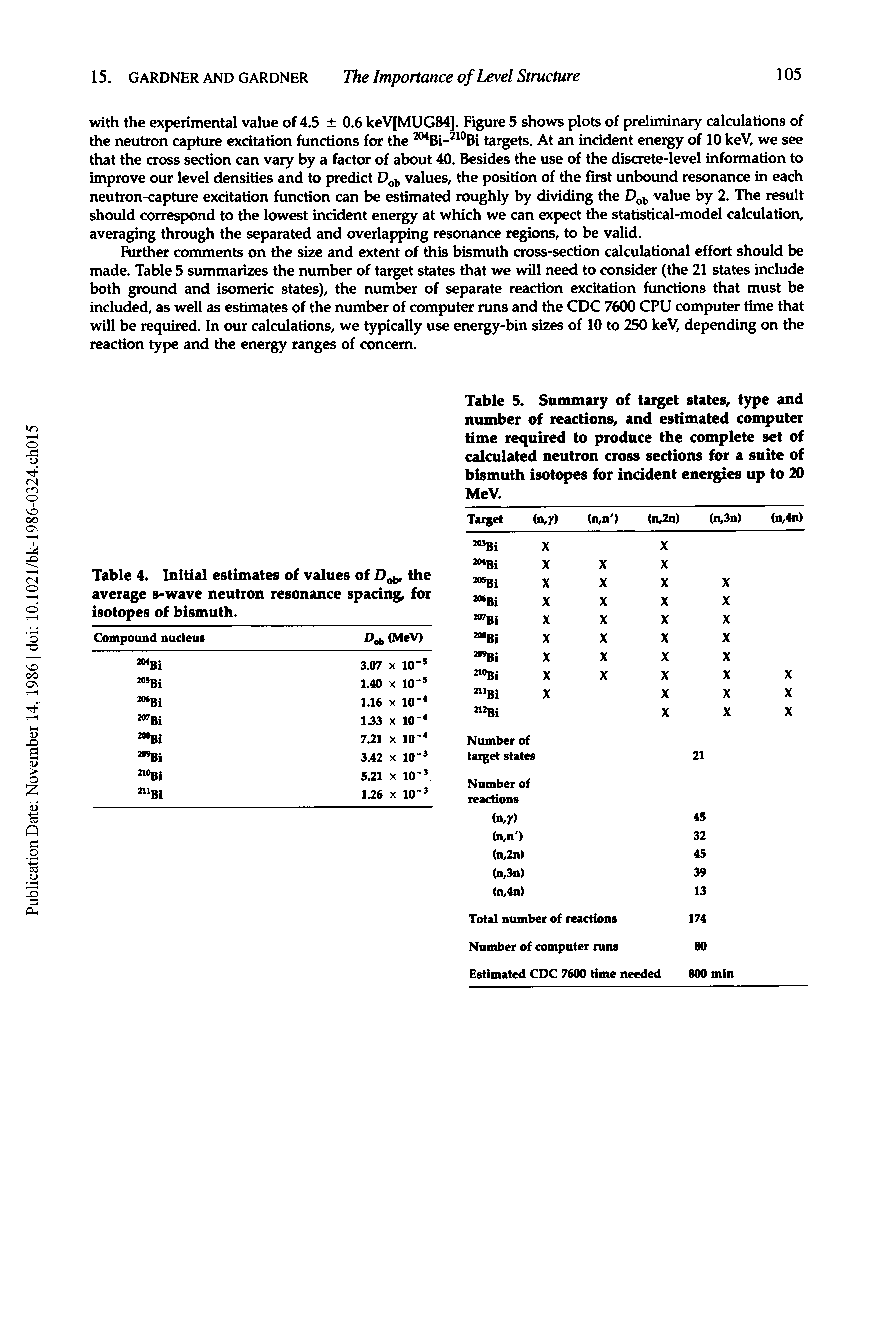 Table 5. Summary of target states, type and number of reactions, and estimated computer time required to produce the complete set of calculated neutron cross sections for a suite of bismuth isotopes for incident energies up to 20 MeV.
