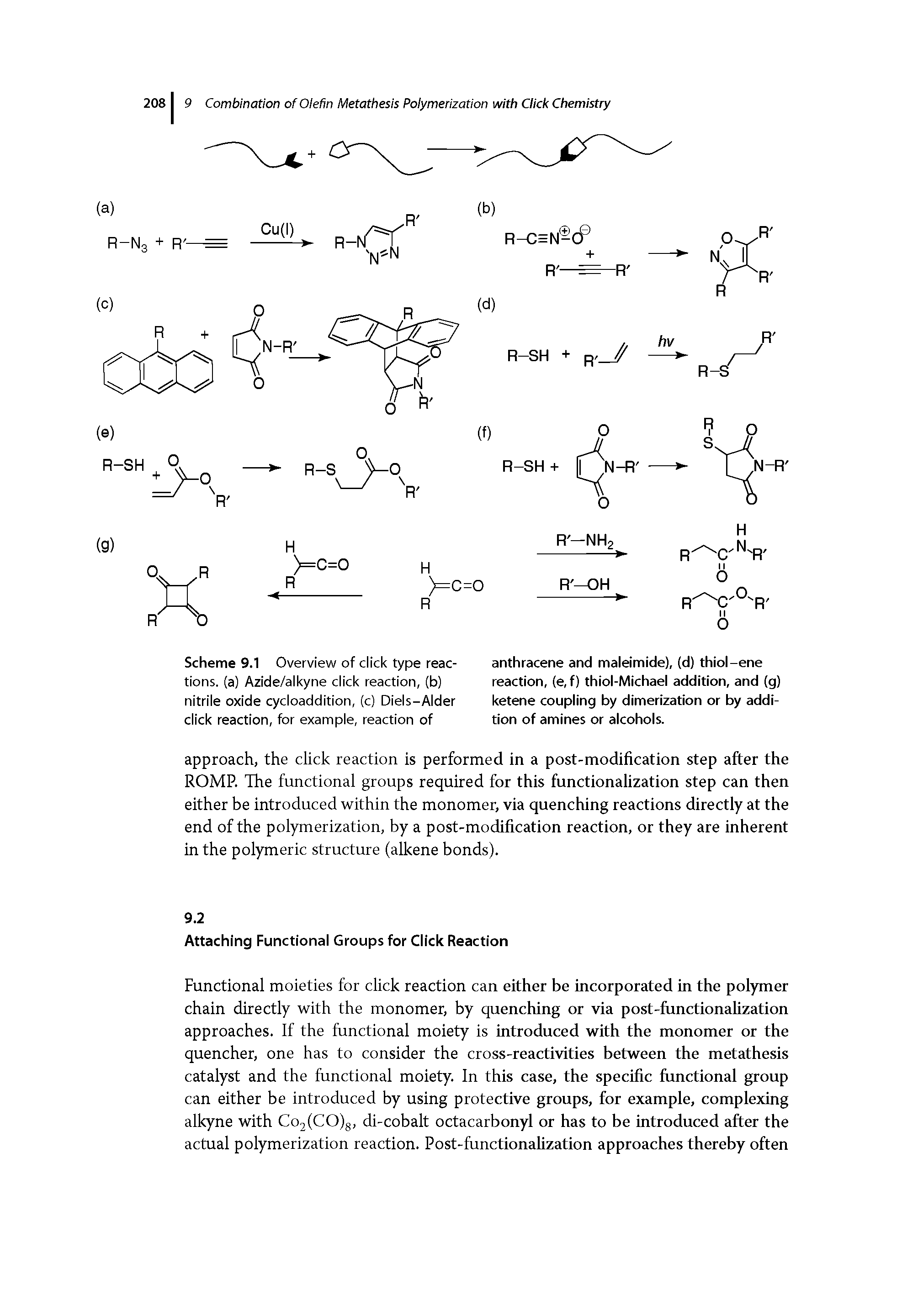 Scheme 9.1 Overview of click type reactions. (a) Azide/alkyne click reaction, (b) nitrile oxide cycloaddition, (c) Diels-Alder click reaction, for example, reaction of...