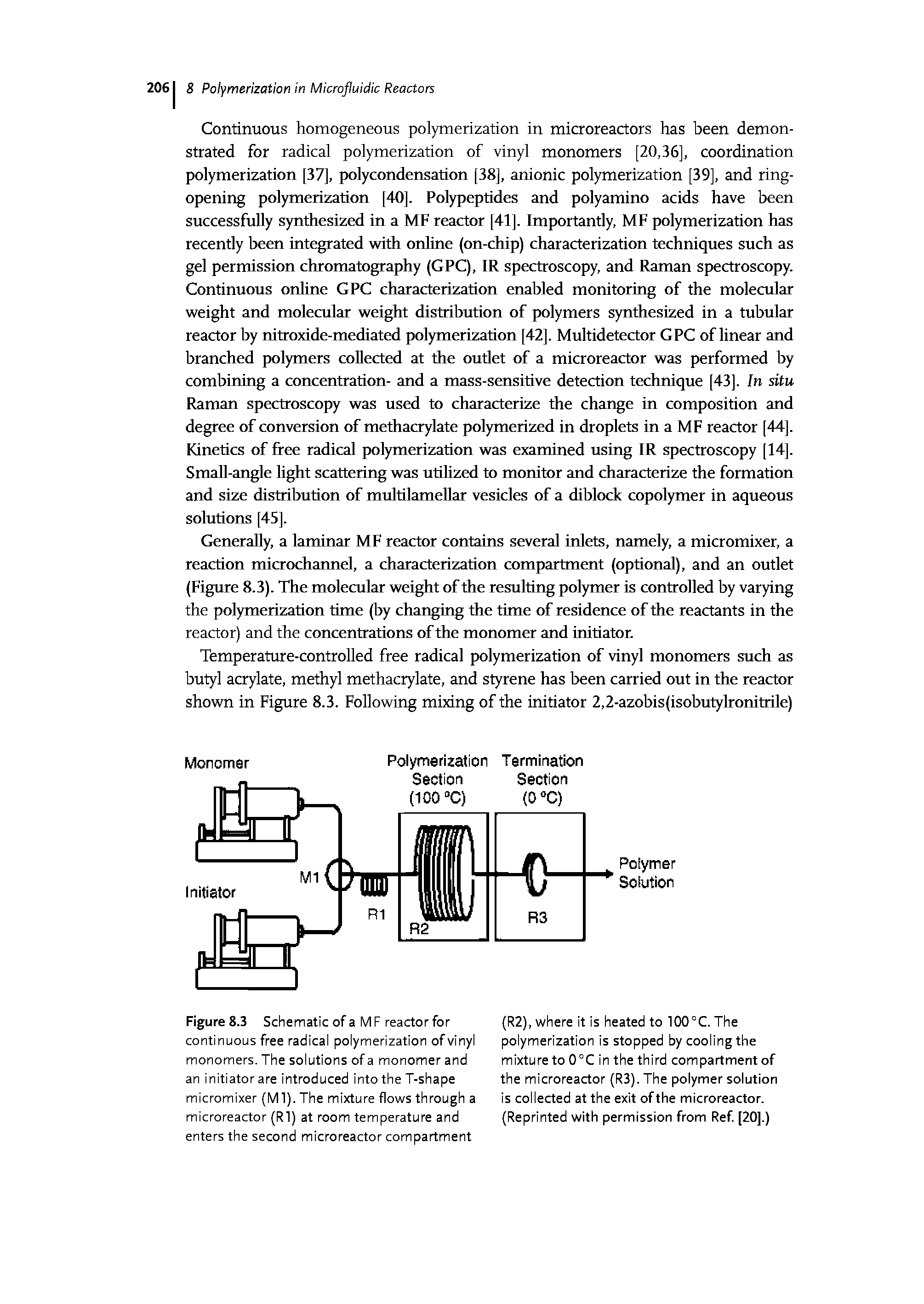 Figure 8.3 Schematic of a M F reactor for continuous free radical polymerization of vinyl monomers. The solutions of a monomer and an initiator are introduced into the T-shape micromixer (Ml). The mixture flows through a microreactor (Rl) at room temperature and enters the second microreactor compartment...