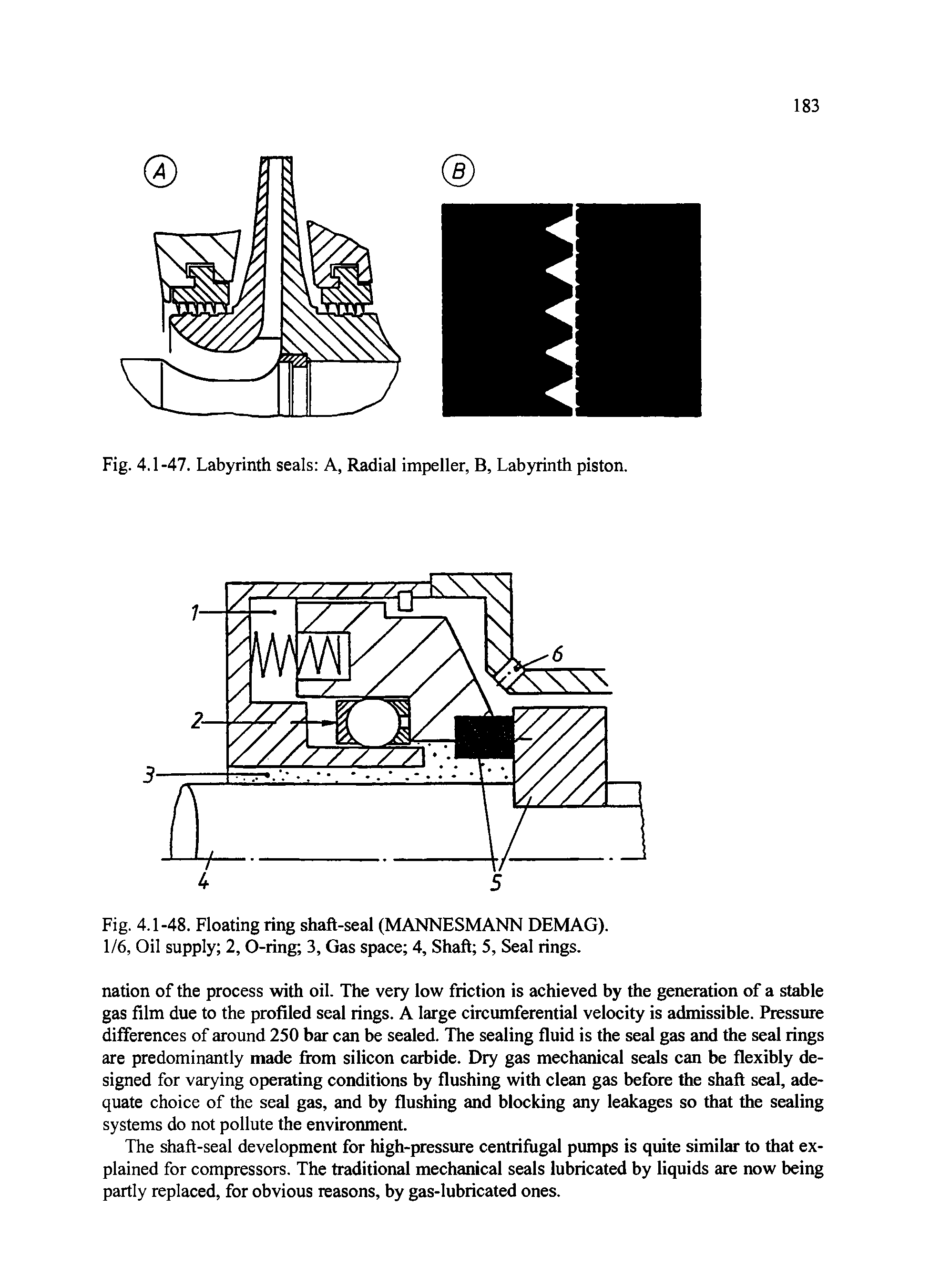 Fig. 4.1-47. Labyrinth seals A, Radial impeller, B, Labyrinth piston.