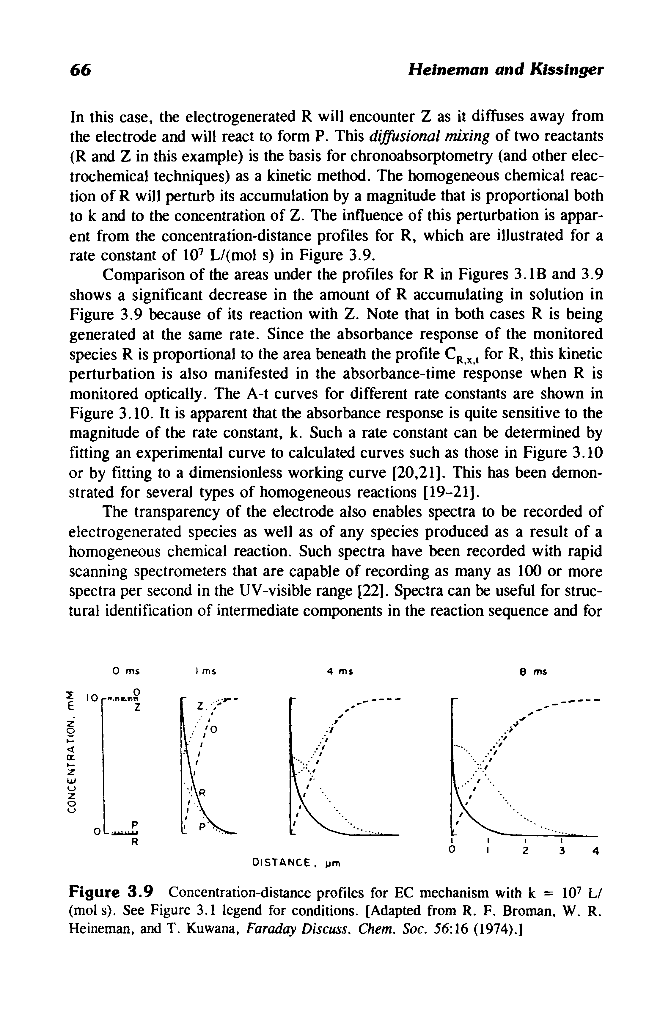Figure 3.9 Concentration-distance profiles for EC mechanism with k = 107 L/ (mol s). See Figure 3.1 legend for conditions. [Adapted from R. F. Broman, W. R. Heineman, and T. Kuwana, Faraday Discuss. Chem. Soc. 56 16 (1974).]...