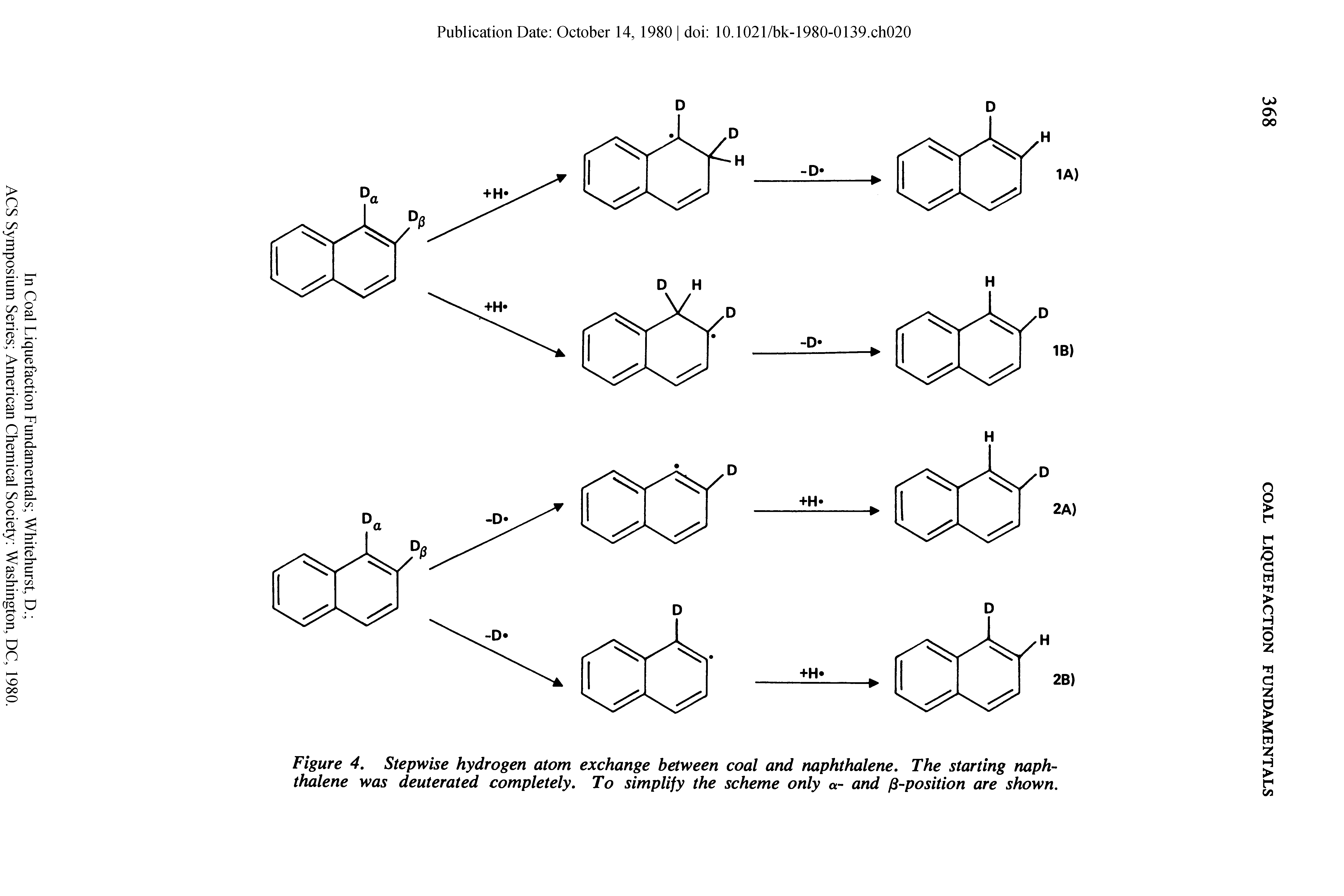 Figure 4. Stepwise hydrogen atom exchange between coal and naphthalene. The starting naphthalene was deuterated completely. To simplify the scheme only a- and f -position are shown.