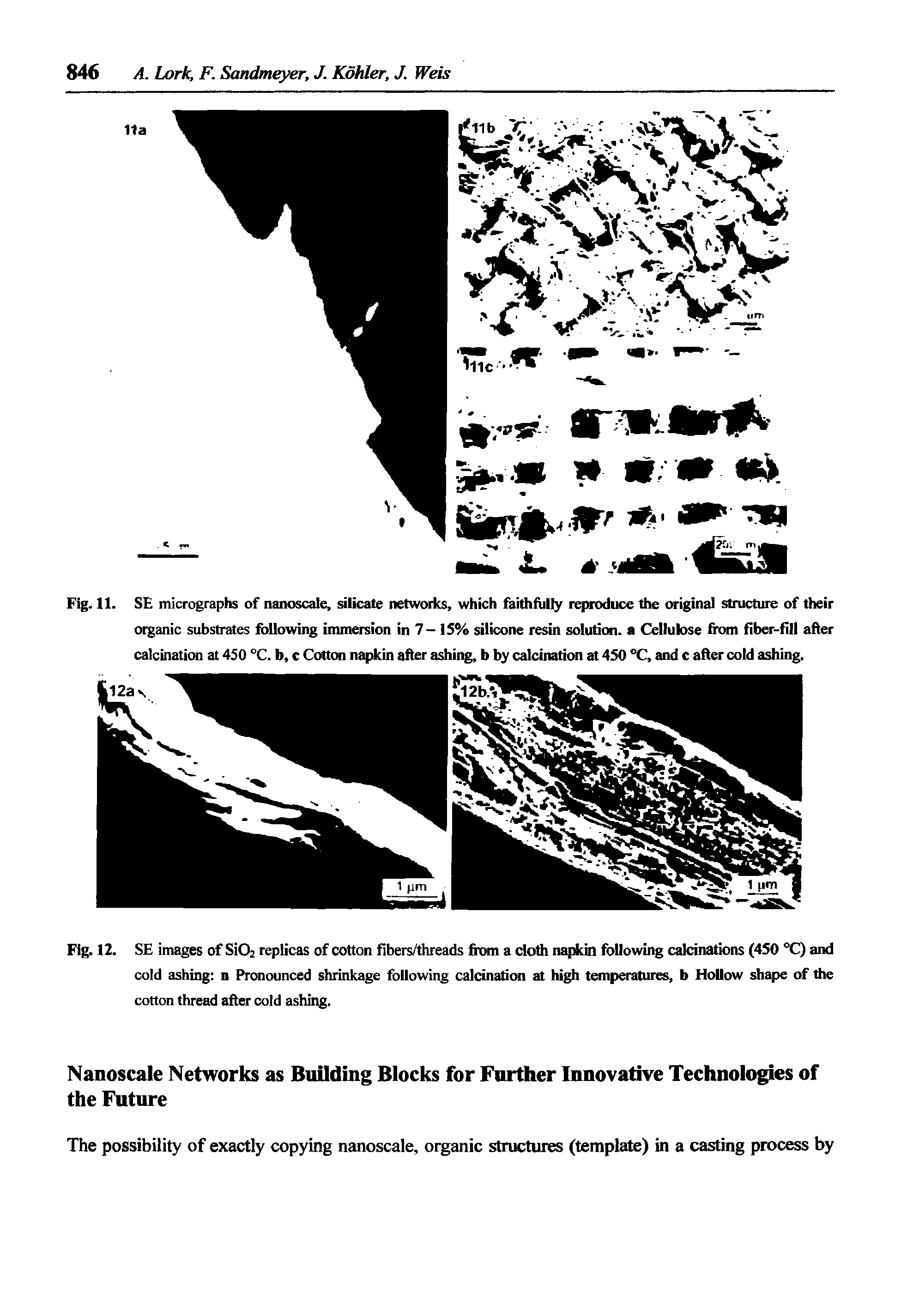 Fig. 11. SE micrographs of nanoscale, silicate networks, which faithfully reproduce the original structure of their organic substrates following immersion in 7— 1S% silicone resin solution, a Cellulose from fiber-fill after calcination at 450 °C. b, c Cotton nafddn after ashing, b by calcination at 450 °C, and c after cold ashing.