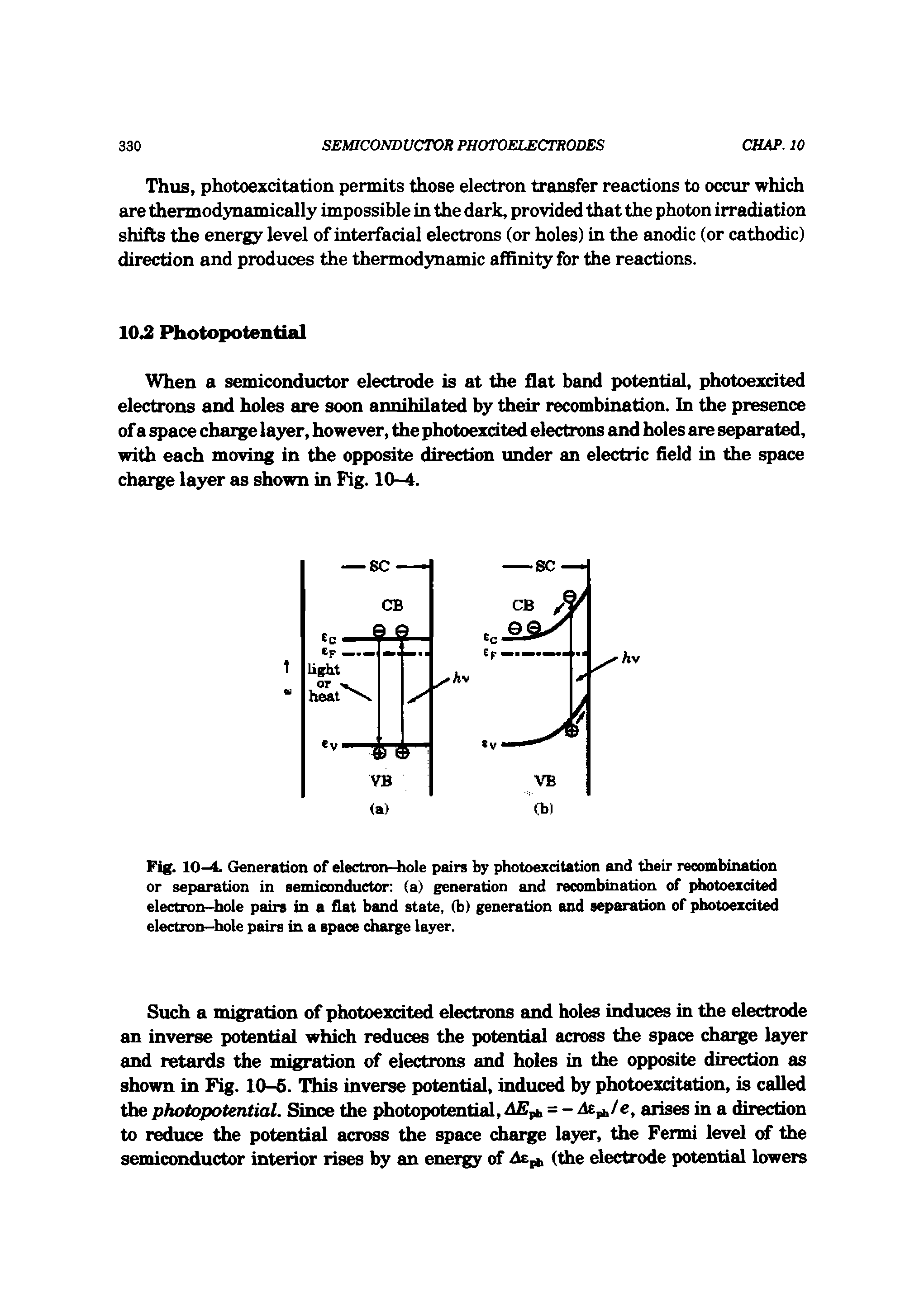 Fig. 10-4. G neration of electron-hole pairs by photoexdtation and their recombination or separation in semiconductor (a) generation and recombination of photoexdted electron-hole pairs in a flat band state, (b) generation and separation of photoexdted electron-hole pairs in a space charge layer.