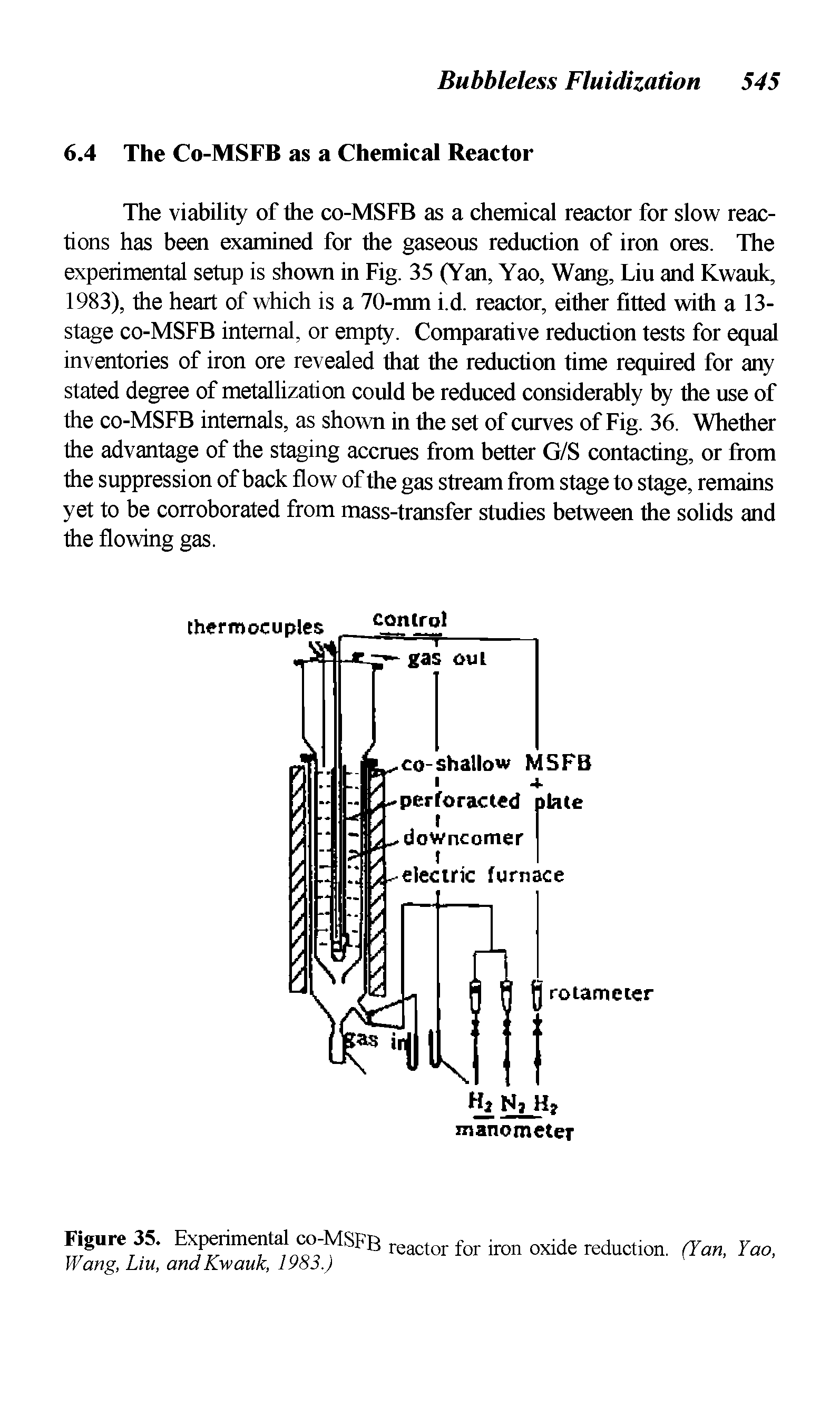 Figure 35. Experimental co-MSFB reactor for iron oxide reduction. (Yan, Yao, Wang, Liu, and Kwauk, 1983.)...
