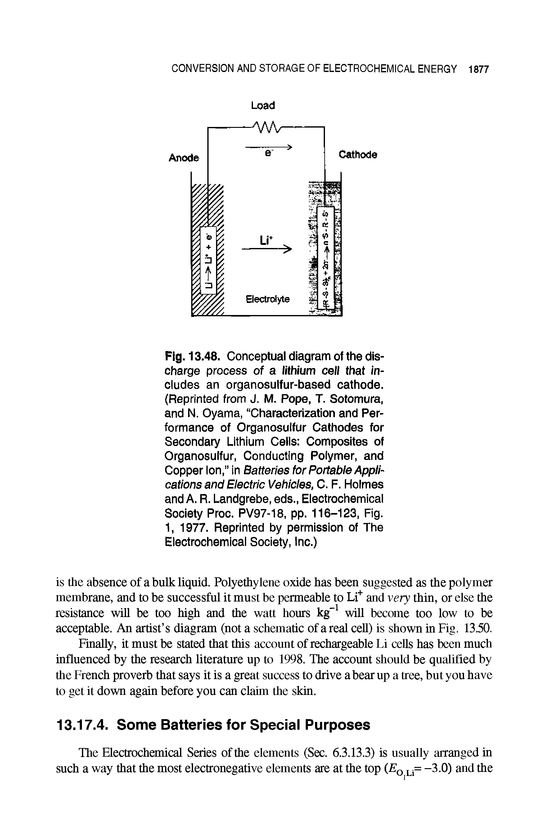 Fig. 13.48. Conceptual diagram of the discharge process of a lithium cell that includes an organosulfur-based cathode. (Reprinted from J. M. Pope, T. Sotomura, and N. Oyama, Characterization and Performance of Organosulfur Cathodes for Secondary Lithium Cells Composites of Organosulfur, Conducting Polymer, and Copper Ion, in Batteries for Portable Applications and Electric Vehicles, C. F. Holmes and A. R. Landgrebe, eds., Electrochemical Society Proc. PV97-18, pp. 116-123, Fig. 1, 1977. Reprinted by permission of The Electrochemical Society, Inc.)...