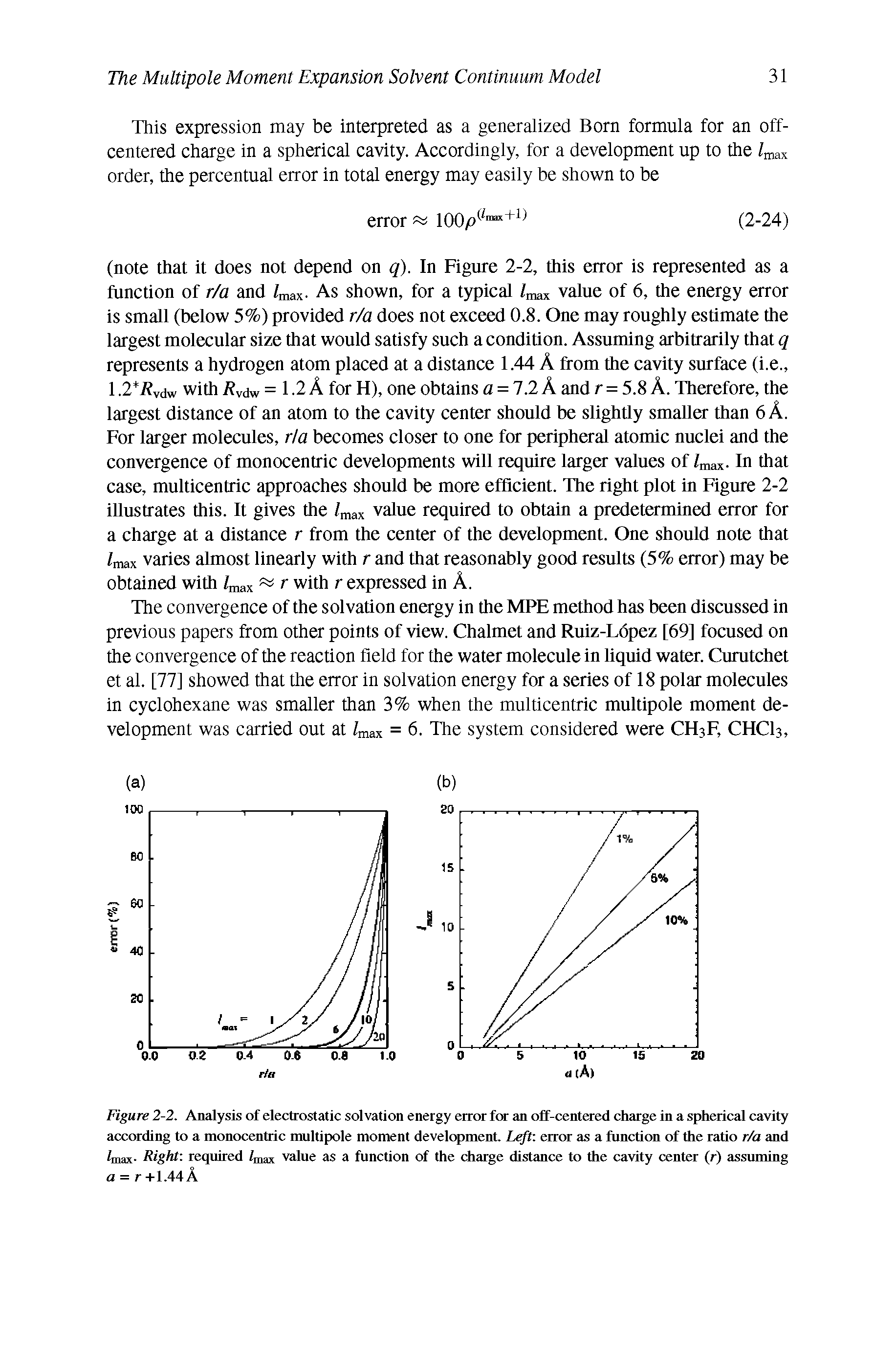Figure 2-2. Analysis of electrostatic solvation energy error for an off-centered charge in a spherical cavity according to a monocentric multipole moment development. Left error as a function of the ratio r/a and inax- Right required /mM value as a function of the charge distance to the cavity center (r) assuming a = r +1.44 A...