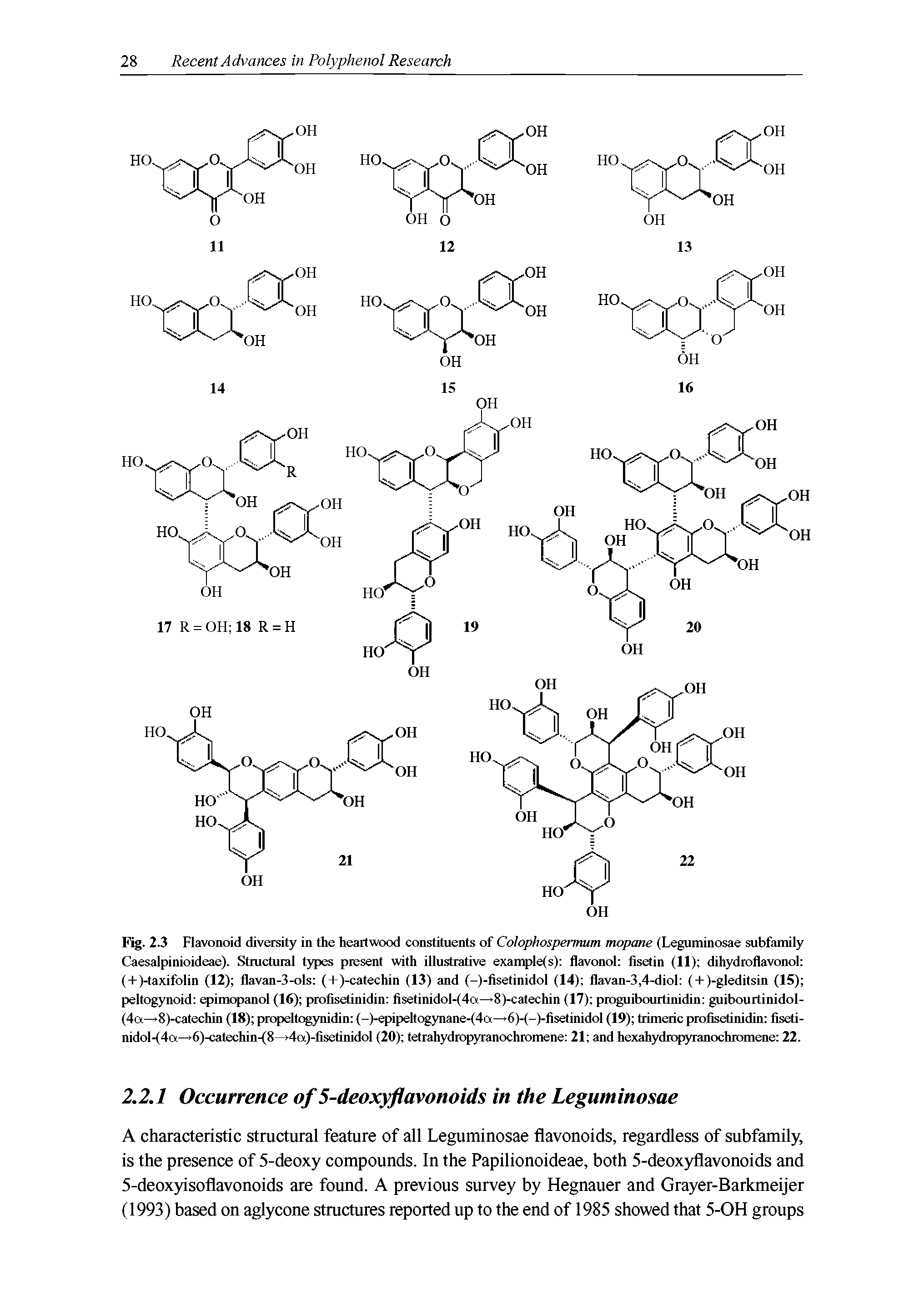 Fig. 2.3 Flavonoid diversity in the heartwood constituents of Colophospermum mopane (Leguminosae subfamily Caesalpinioideae). Stmctural types present with illustrative example(s) flavonol fisetin (11) dihydroflavonol (+)-taxifolin (12) flavan-3-ols (+)-catechin (13) and (-)-fisetinidol (14) flavan-3,4-diol (+ )-gleditsin (15) peltogynoid epimopanol (16) profisetinidin fisetinidol-(4a 8)-catechin (17) proguibourtinidin guibourtinidol-(4a— 8)-catechin (18) propeltogynidin (-)-epipeltogynane-(4a 6)-(-)-fisetinidol (19) trimeric profisetinidin fiseti-nidol.(4a— 6)-catechin-(8— 4a)-fisetinidol (20) tetrahydropyranochromene 21 and hexahydropyranochiomene 22.