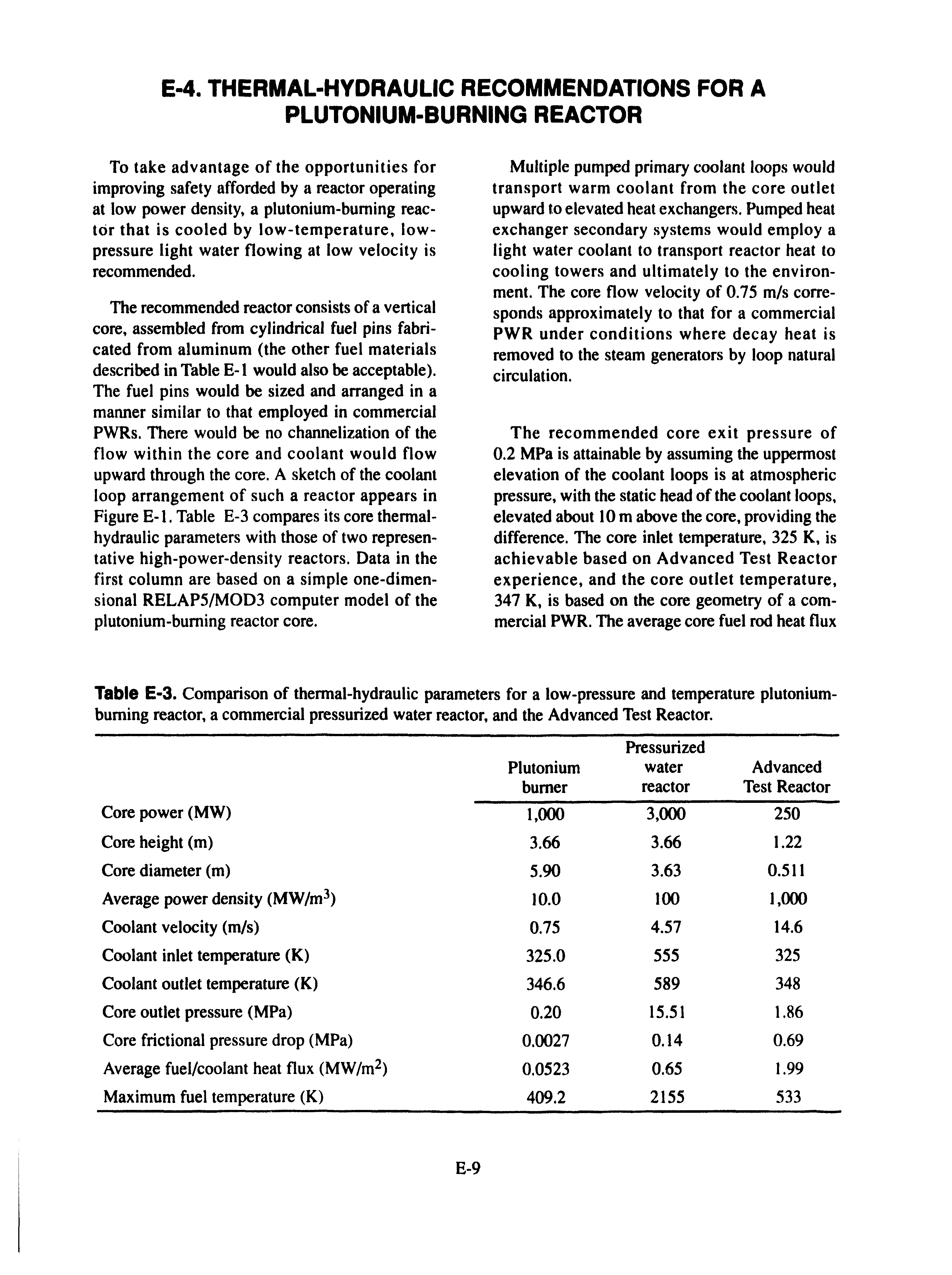 Table E-3. Comparison of thermal-hydraulic parameters for a low-pressure and temperature plutonium-burning reactor, a commercial pressurized water reactor, and the Advanced Test Reactor.