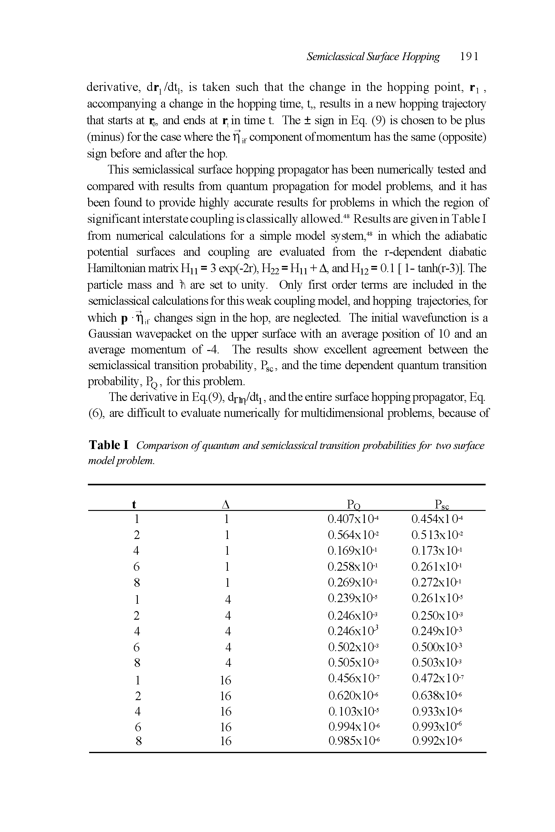 Table I Comparison of quantum and semiclassical transition probabilities for two surface model problem.
