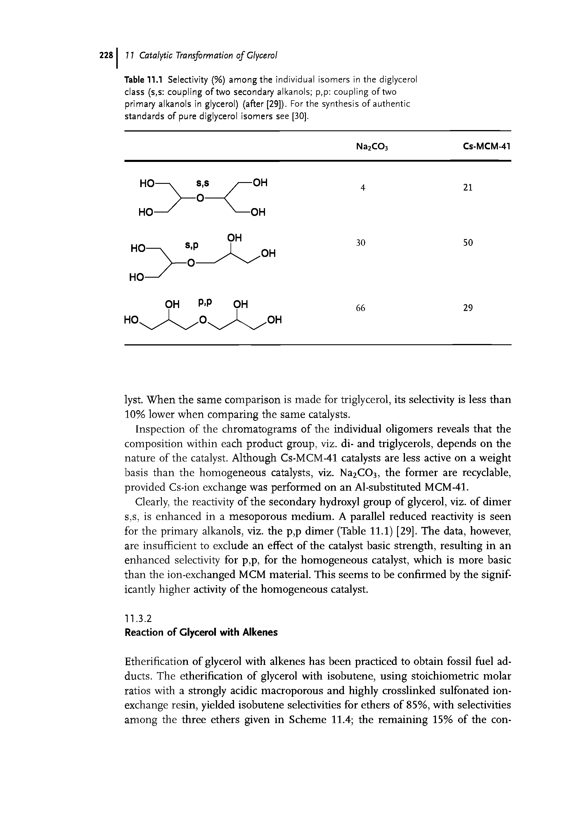 Table 11.1 Selectivity (%) among the individual isomers in the diglycerol class (s,s coupling of two secondary alkanols p,p coupling of two primary alkanols in glycerol) (after [29]). For the synthesis of authentic standards of pure diglycerol isomers see [30],...